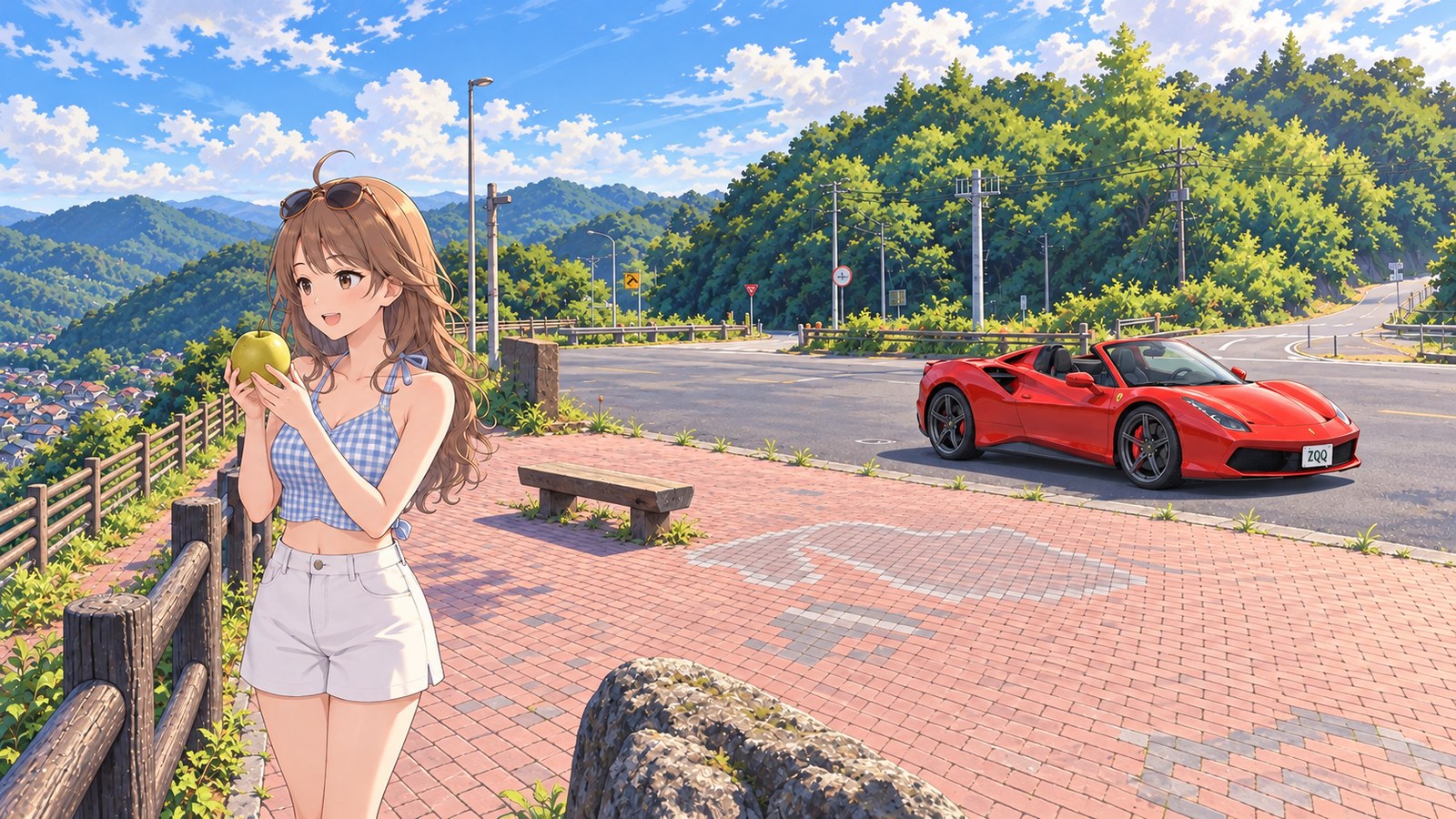 A woman in a blue checked top and white shorts holds a pear in the brick-paved square at Uomidai Lookout. A red convertible is parked nearby, with hills and a road in the background.