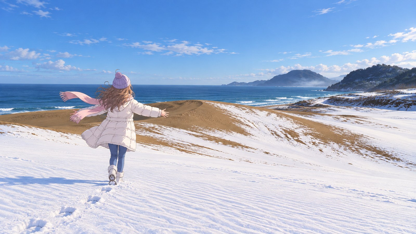雪の積もった鳥取砂丘の斜面を、両腕を広げてのぼる主人公の後ろ姿。足あとが続き、奥に日本海