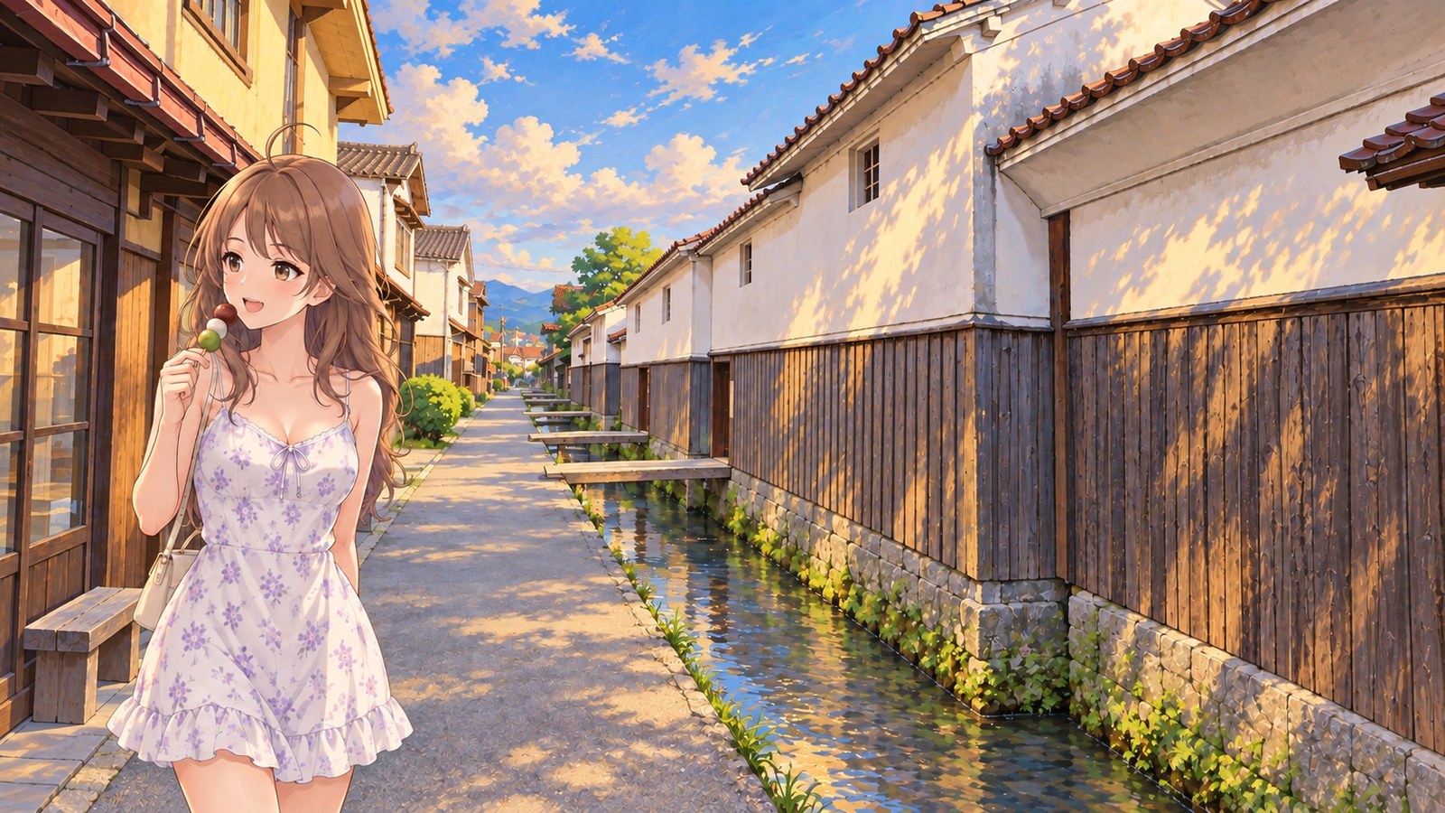On a June evening at Kurayoshi Shirakabe Dozo-gun, the heroine wearing a floral spaghetti-strap dress holds a skewer of Utsubuki Koen Dango up to her mouth on the shopfront side of the street. To the right are the Tamagawa and a low stone bridge, with white-walled storehouses with wooden-board siding beyond.