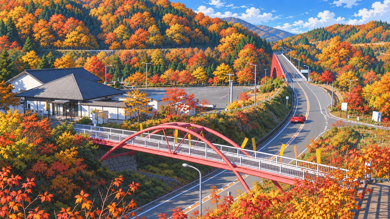 The autumn-covered Okuizumo Orochi Loop, with a red convertible driving toward Miino Ōhashi beyond a red pedestrian bridge with white railings.
