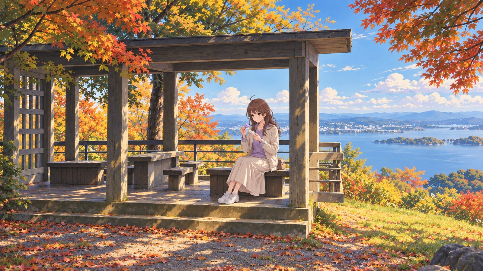 On a bench in the pavilion on Mount Makuragi, a woman in a beige jacket and lilac sweater enjoys a flower-shaped Japanese sweet. Autumn leaves frame the view of Lake Nakaumi behind her.