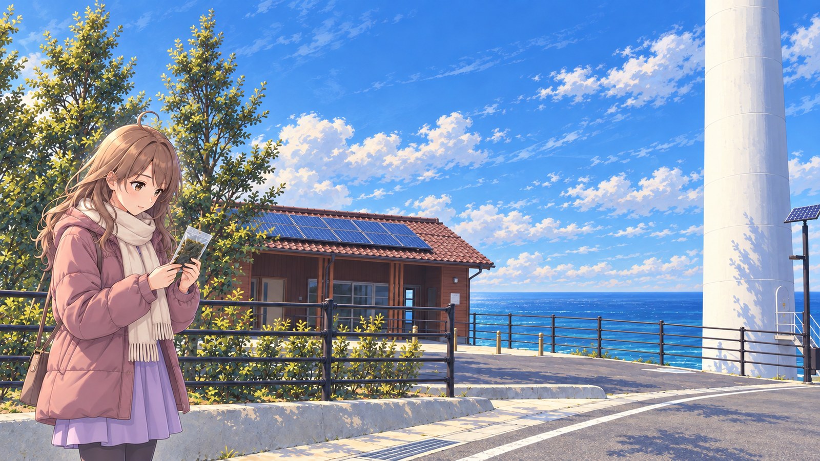 At Uppurui Wind Turbine Park, a woman in a pink padded coat, cream scarf and purple skirt looks at a clear packet of seaweed held in both hands. Behind her are a wooden building and a fence; to the right stands the huge white tower of a wind turbine. The Sea of Japan is visible beyond the building.