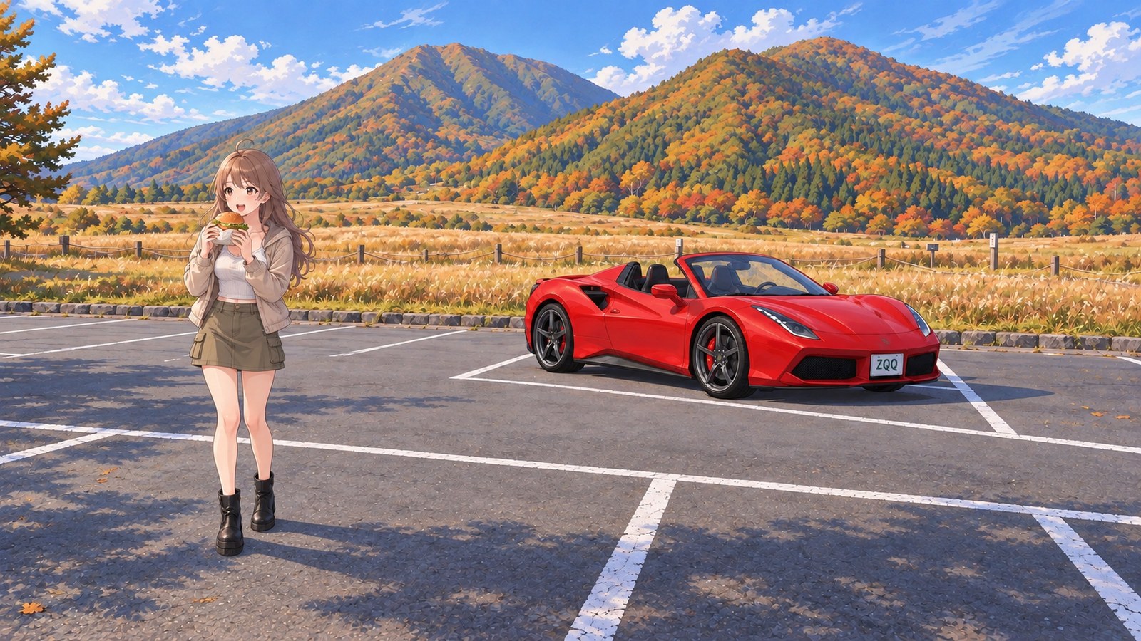A woman wearing a white top, khaki skirt and jacket eats a burger at Nishi-no-hara in Sanbe Highland. Behind the red car in the car park, autumn grassland stretches towards the mountains.