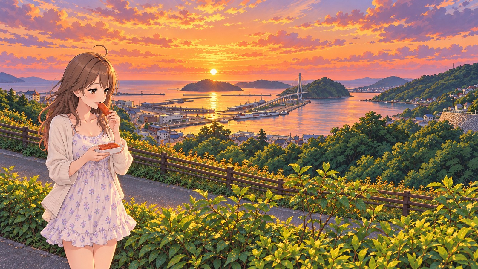 A woman in a white dress with a pale lavender floral pattern and a cream-coloured cardigan brings a piece of akaten to her mouth with her right hand, holding a paper tray in her left, on the seaside path at Yūhi Park Hamada Roadside Station. Beyond the wooden fence are Hamada Port, Hamada Marine Bridge, and islands; the low sun lights the sea.