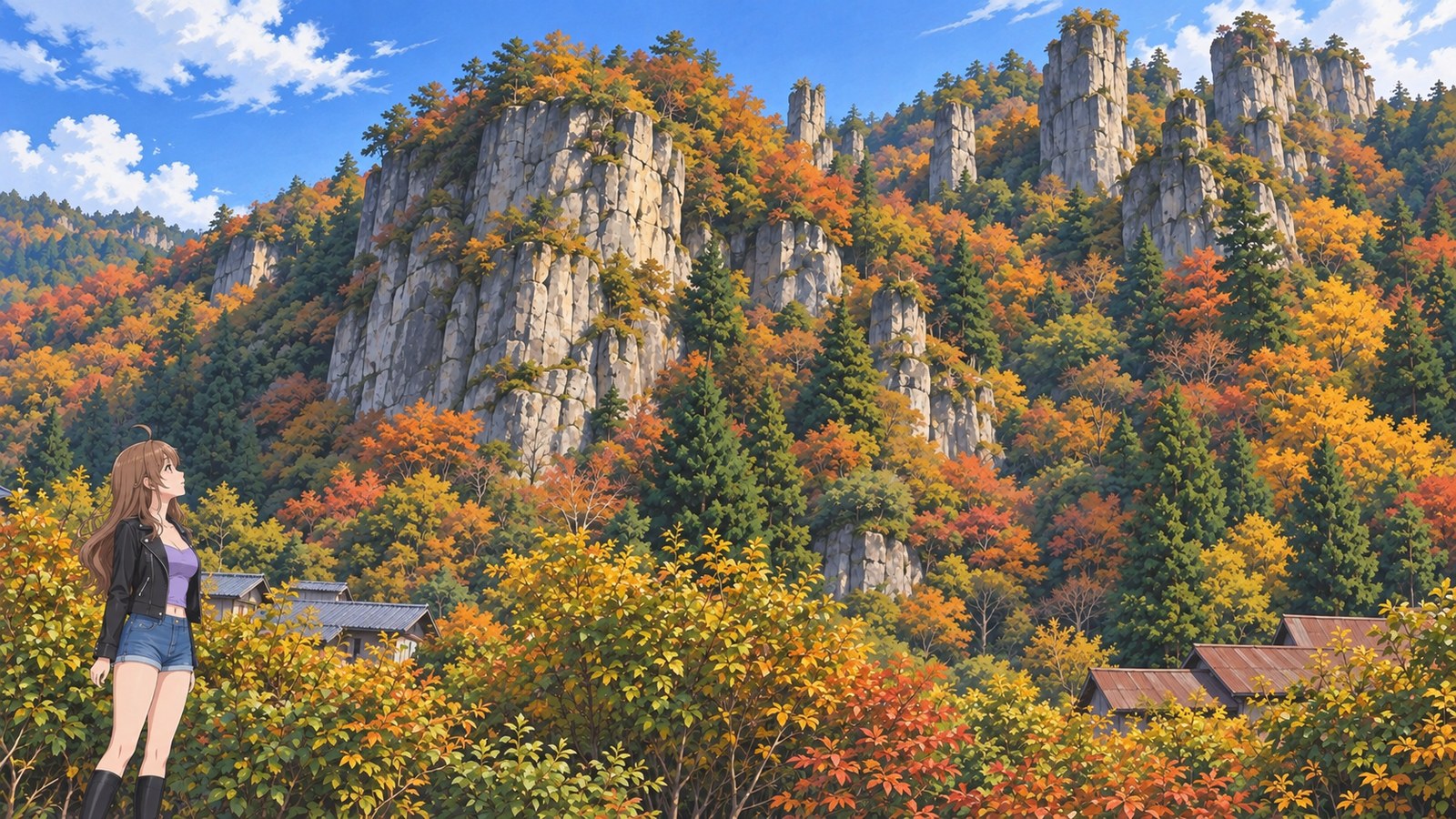 A woman in a short black jacket, lavender top, denim shorts, and long black boots looks up at the rock pillars rising beyond autumn foliage at Tachikue Gorge. Trees and a low roof are visible below.