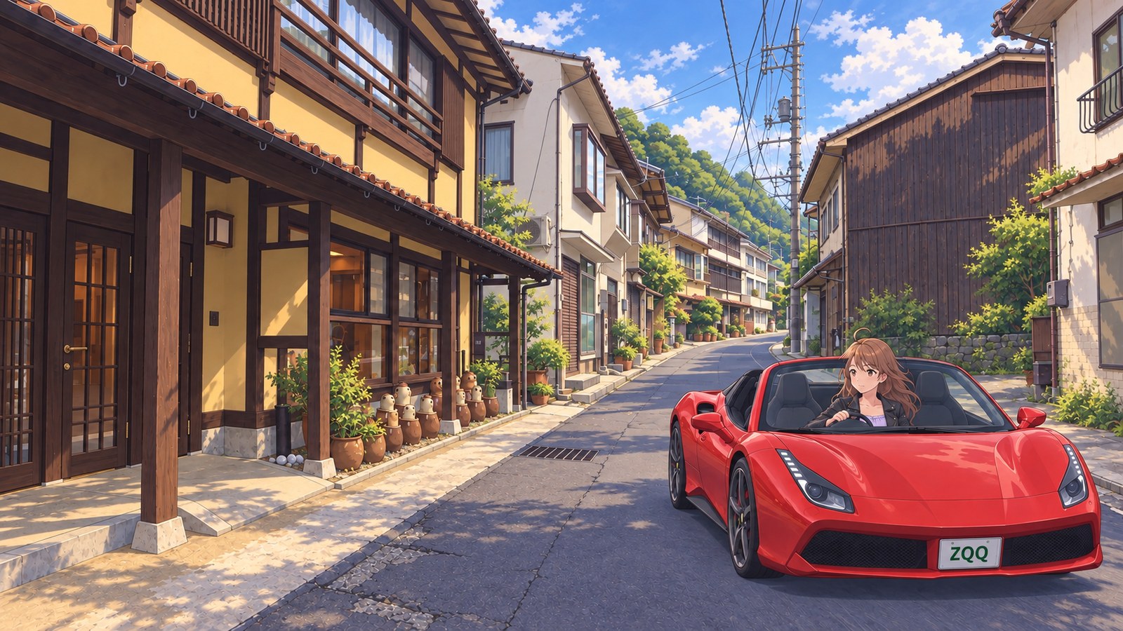 A woman in a black jacket and lavender top drives a red convertible slowly down a narrow street in Yunotsu Onsen, looking ahead. Wooden houses and small pots line the left, a timber wall runs along the right, and the road bends in the distance.