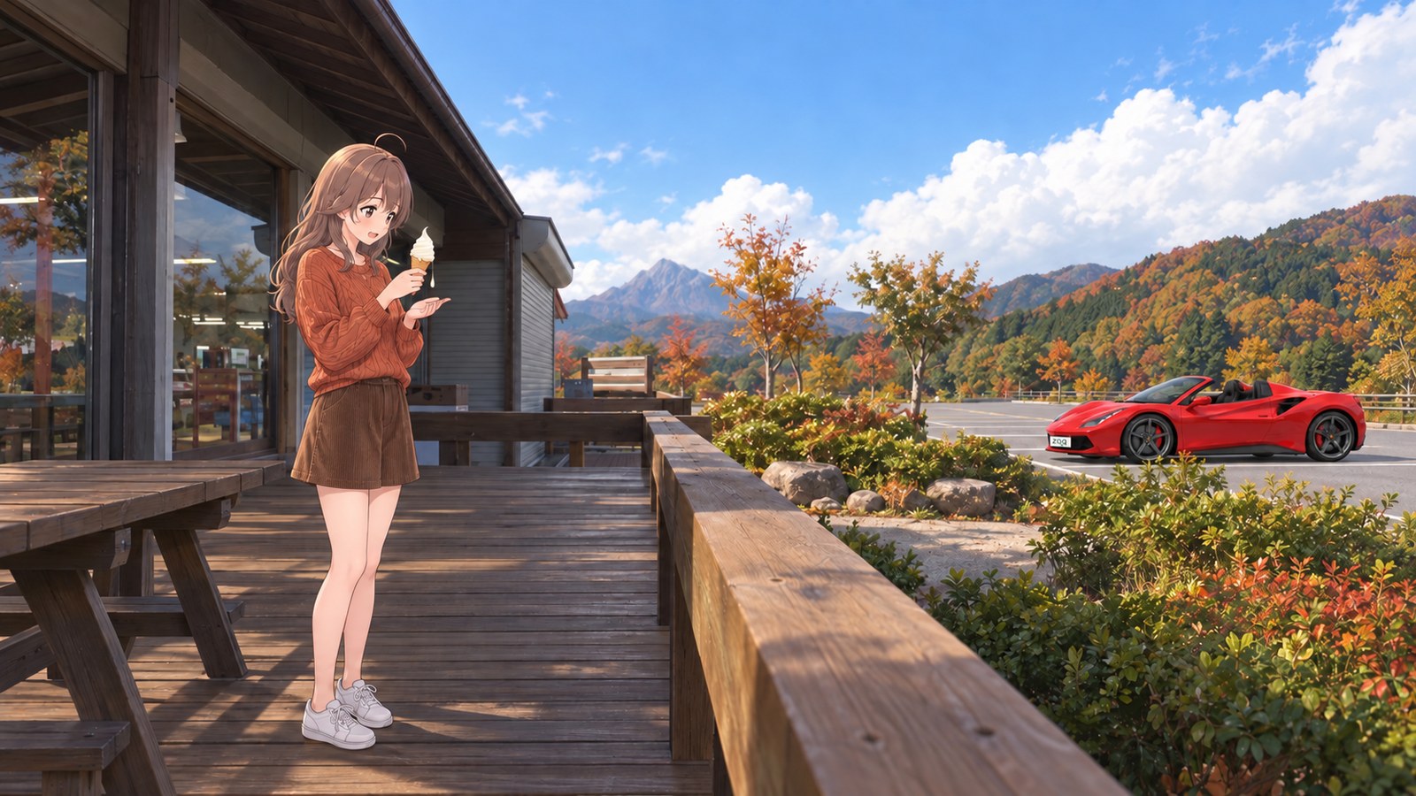 On Kimendai’s wooden deck, a woman in an orange sweater and brown skirt holds soft-serve ice cream, one hand cupped beneath the melting tip. Mount Daisen rises beyond the autumn trees.