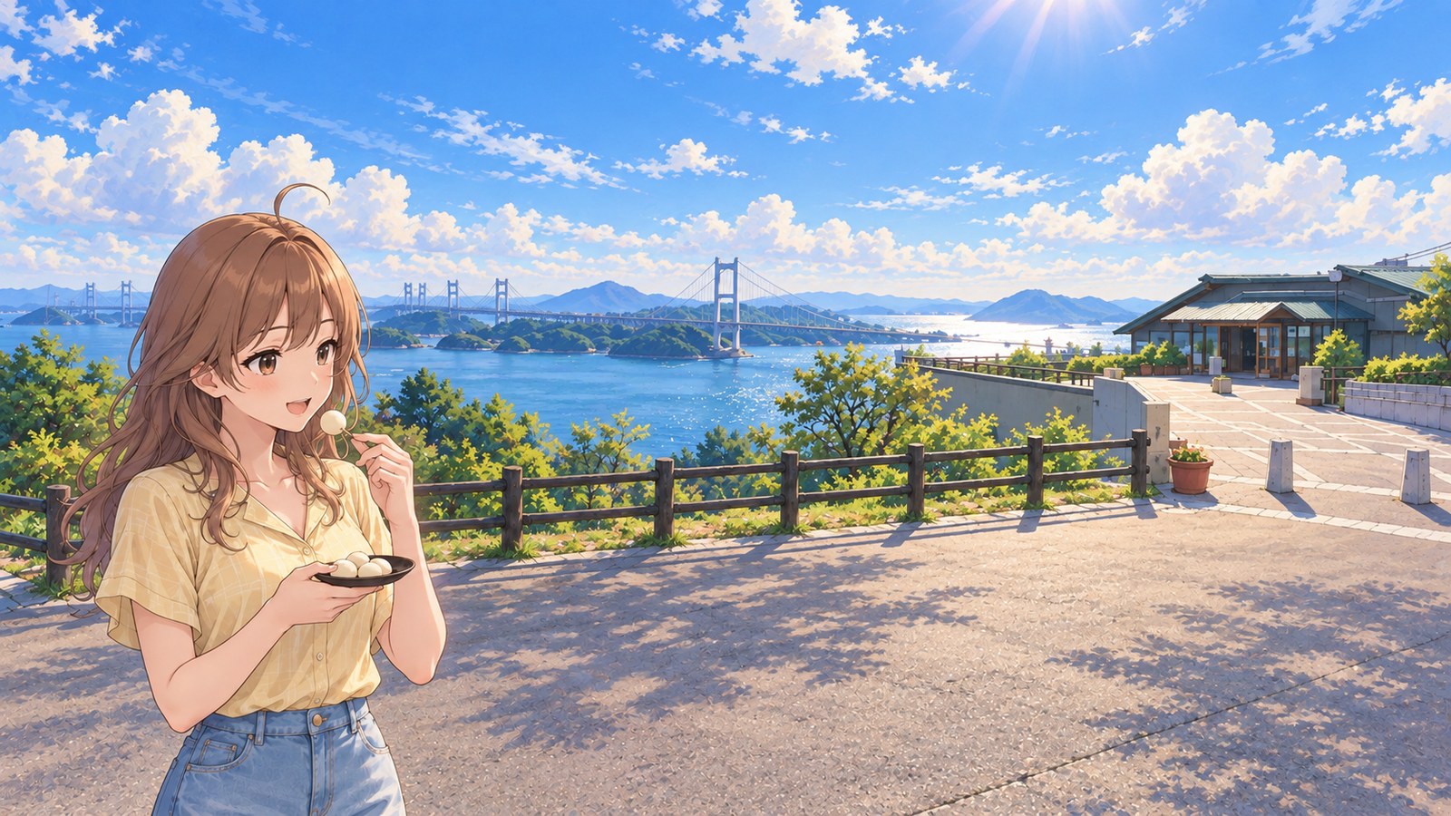 A woman in a pale yellow short-sleeved blouse and denim uses a wooden toothpick to lift a piece of kibi dango from a small plate to her mouth in the paved plaza at Washuzan Second Lookout. Beyond the wooden fence are the Seto Ohashi Bridge and islands, with a rest house to the right.