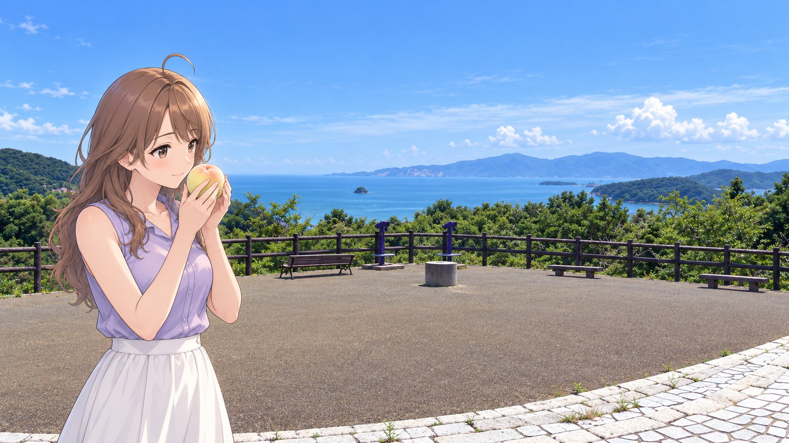 In the plaza at Ipponmatsu View Park, overlooking the islands of the Seto Inland Sea, a woman in a lavender sleeveless top and white skirt holds a white peach in both hands and savors its fragrance.