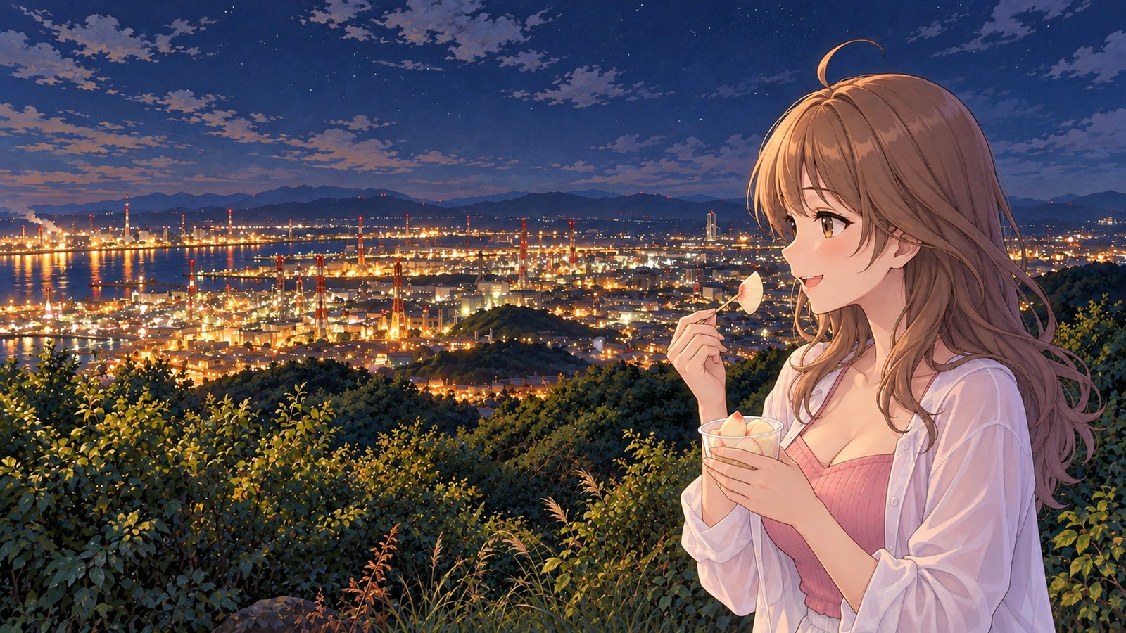 A summer night view of the bay and factory lights from Mizushima Observatory. A woman in a pink top and lightweight white shirt eats pieces of white peach from a cup with a small pick.