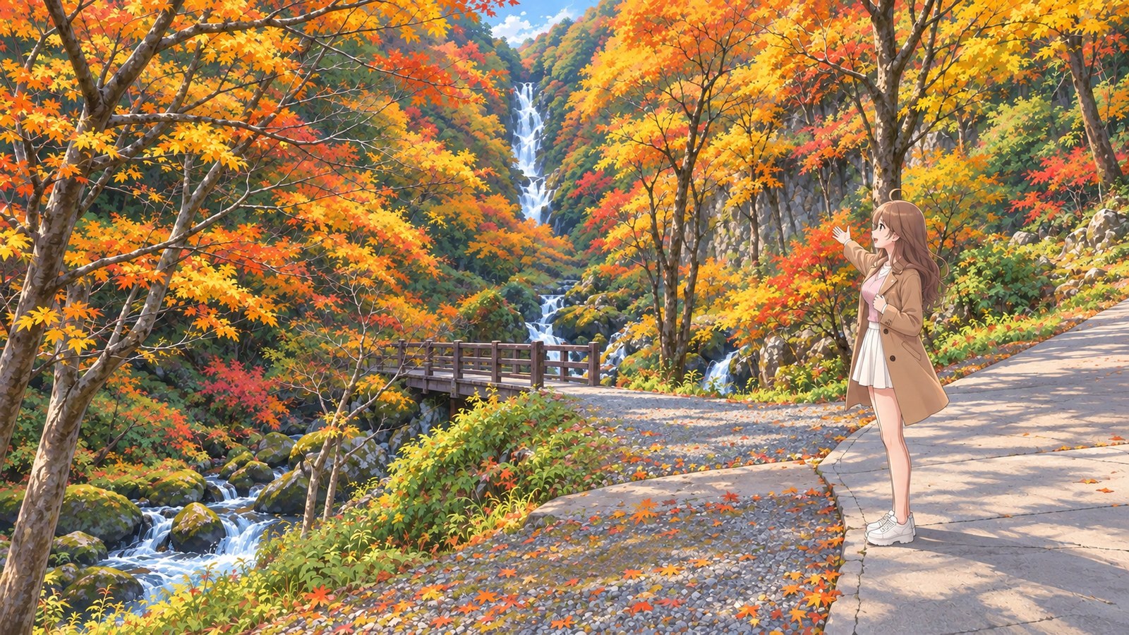 Kanba Falls pours down between autumn leaves, with a small wooden footbridge crossing the stream below. A woman in a camel-coloured coat and white skirt points toward the falls from the paved path.