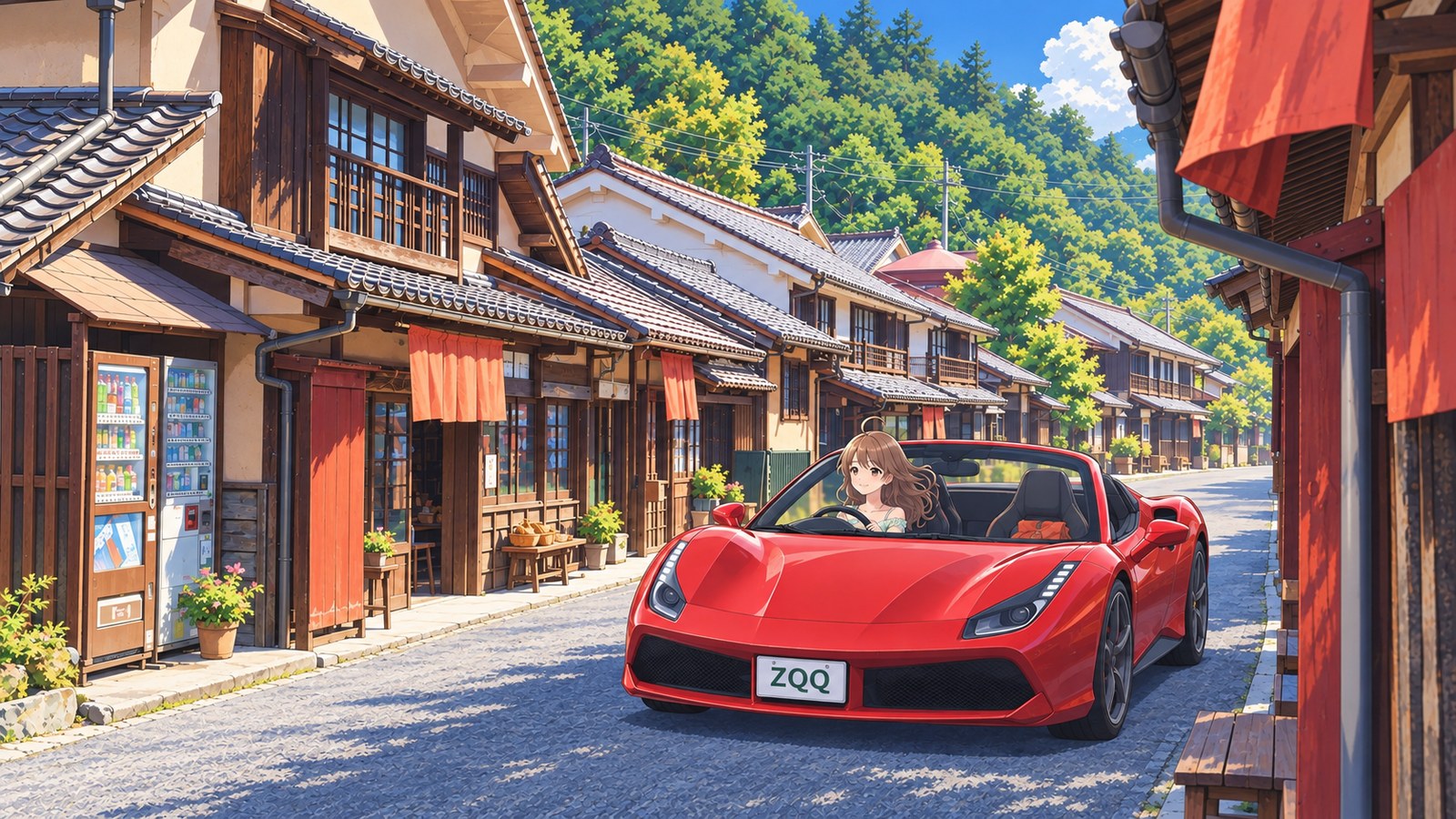 The heroine drives slowly down a narrow street in Fukiya Furusato Village on a sunny day, looking ahead from a red convertible. Wooden houses with bengara-painted latticework and tiled roofs line both sides of the street, with green mountains in the distance.