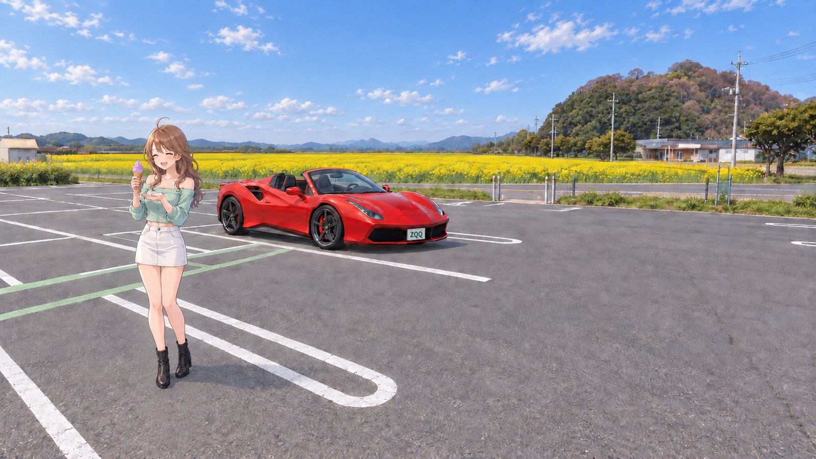 At the Kasaoka Bay Farm car park in late March, the heroine smiles as she holds a grape soft serve, her other hand cupped under the cone. She wears a mint off-the-shoulder top and a white skirt. A red convertible is parked behind her, with canola flowers and low mountains beyond.