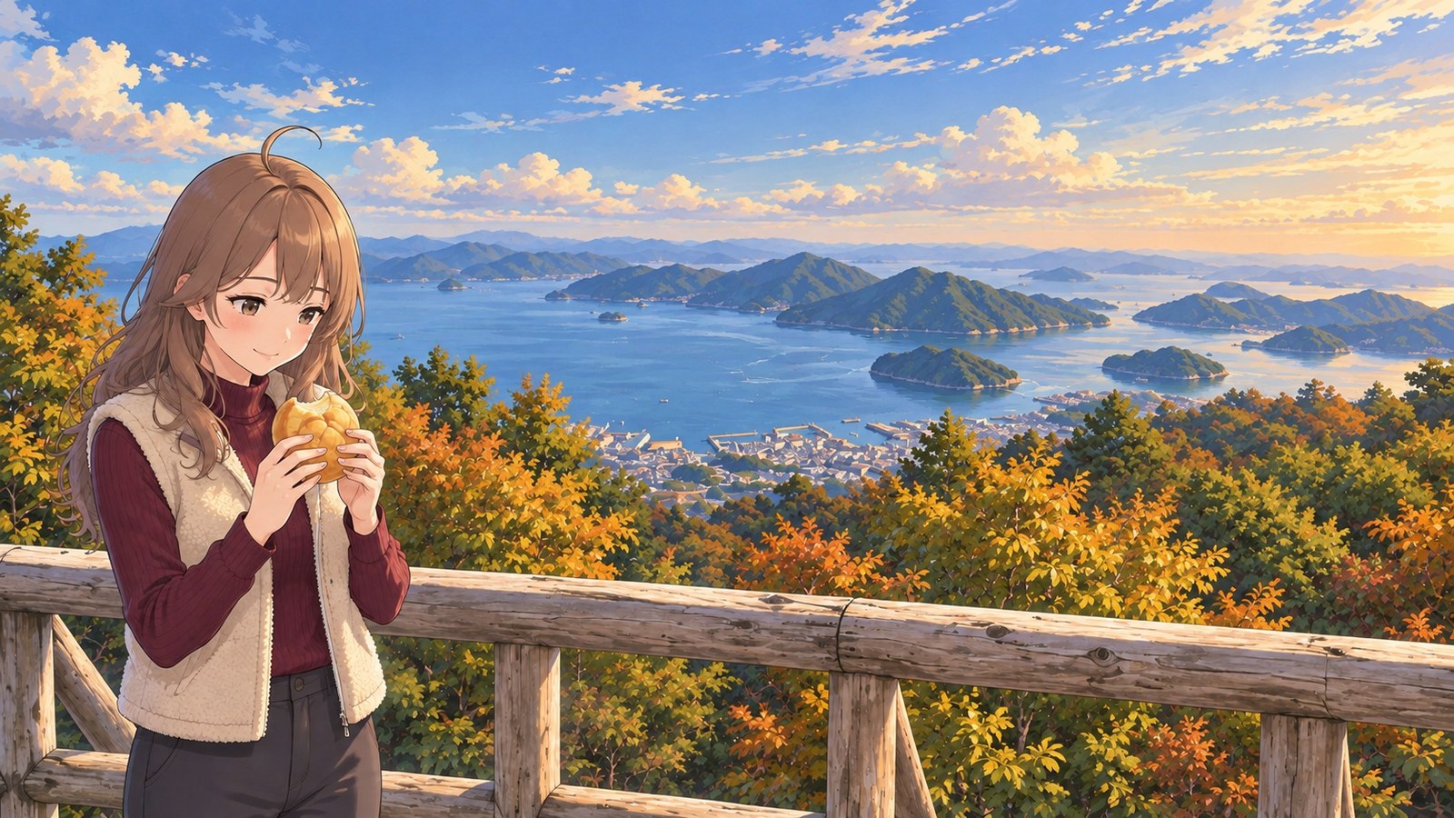 At Kabuto-iwa Lookout on Mount Noro in autumn, a woman in a burgundy knit sweater and white fleece vest holds a melon pan in both hands. A port town and islands in the Seto Inland Sea stretch beyond a wooden railing.