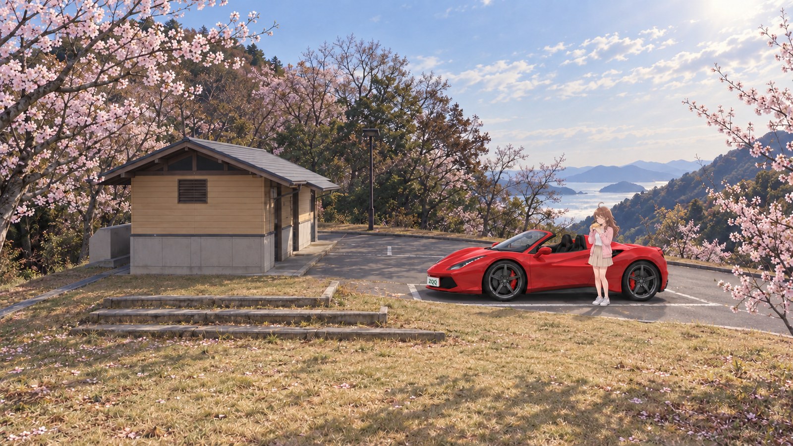 The car park on Mount Fudekage with cherry blossoms in bloom. A small gabled building and a staircase stand on the left; beside a red convertible, a woman holds a cream bun. The sea and islands are visible through the trees. She is wearing a pale pink cardigan and a beige skirt.