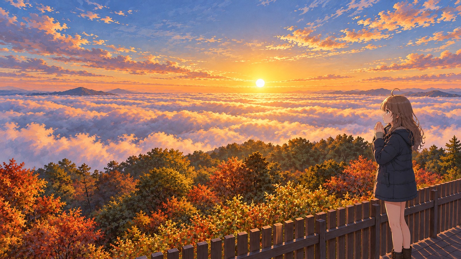 Inside the wooden fence at Takataniyama Observatory, a woman in a navy padded coat stands with her hands together, watching the sunrise. Autumn trees fill the foreground, with a sea of fog stretching across the Miyoshi Basin beyond them.