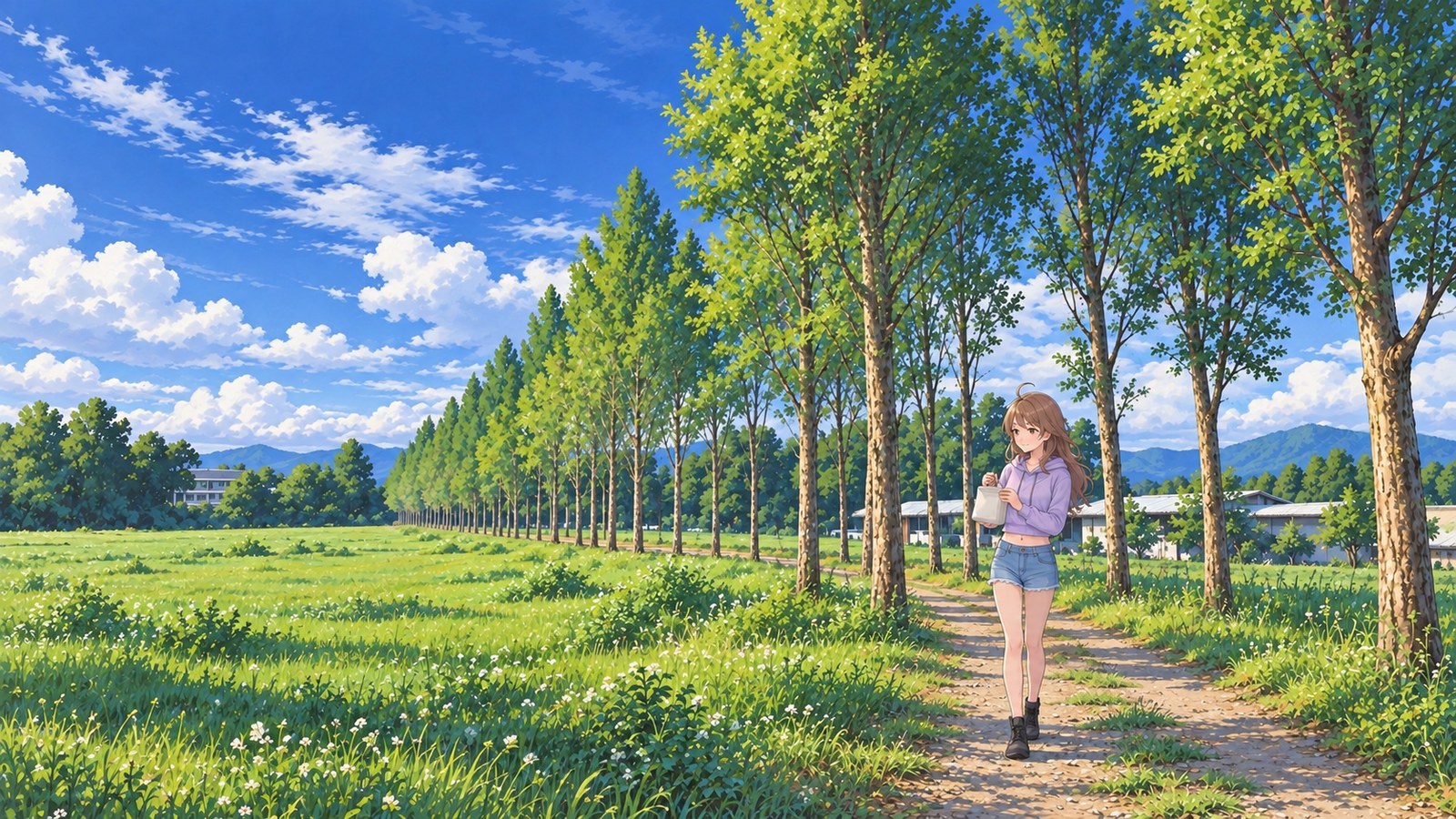 Early summer at Nanatsukahara Highland, with rows of poplars and pasture. A woman in a short lavender hoodie, denim shorts and black boots stands on the road holding a small, plain insulated bag.