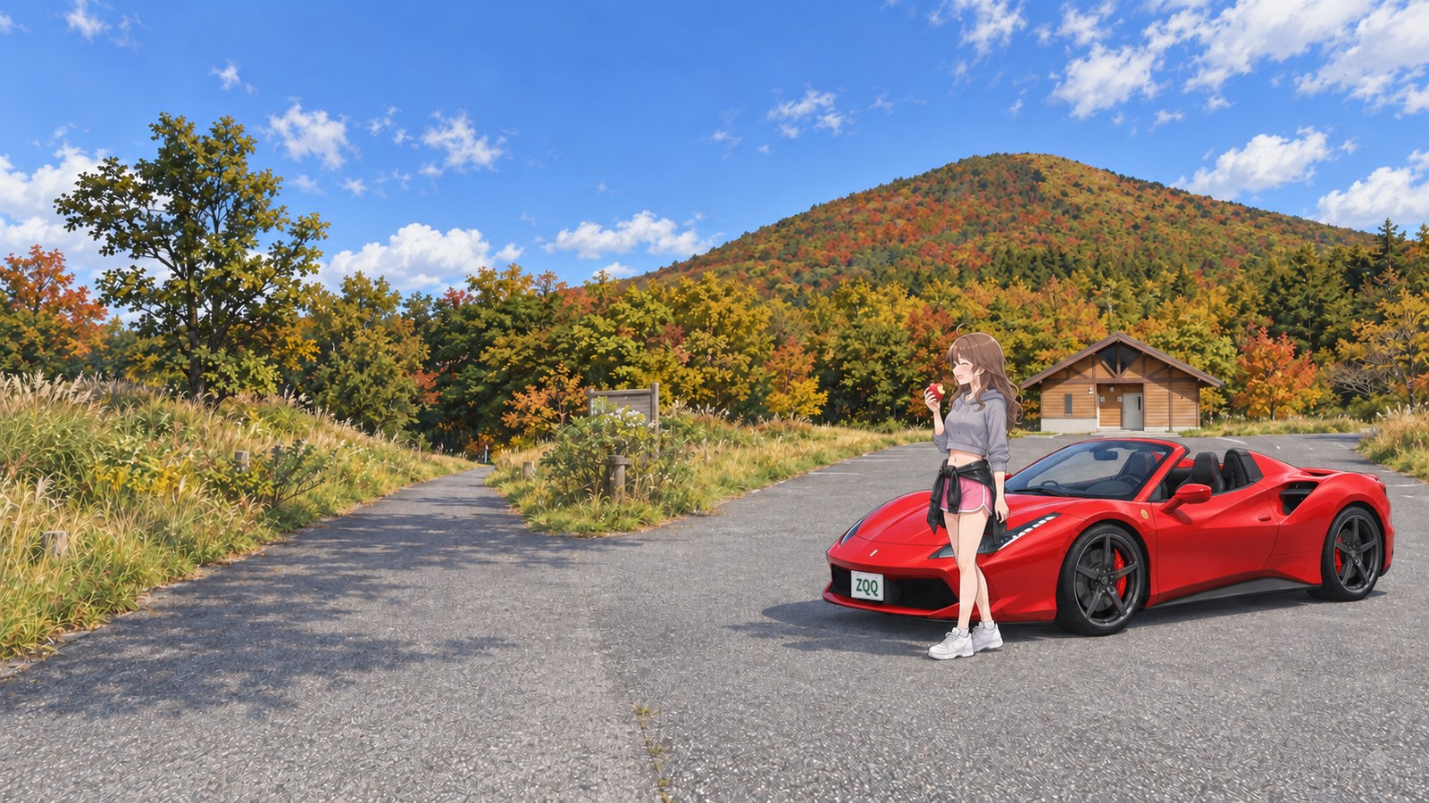 At the Tsukimigaoka car park on Mount Dōgo in autumn, a red convertible is parked in front of a brown gabled building, with a rounded mountain in autumn foliage behind it. A woman in a grey sweatshirt and pink shorts eats an apple, a black jacket tied around her waist.