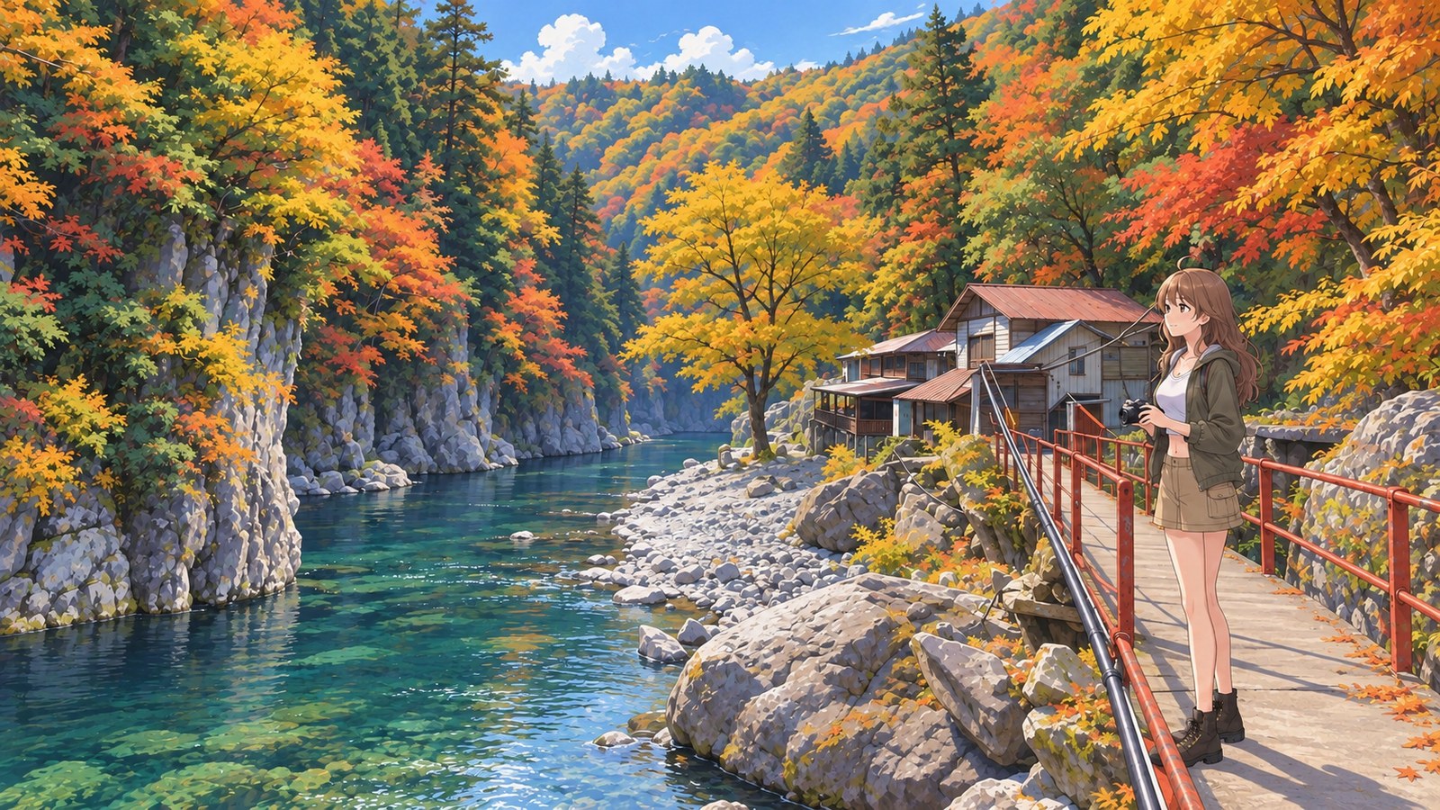 A woman stands on a riverside path with a red railing at Kurobuchi in autumn, lowers her small camera, and looks at the cliffs and river. She wears a cropped white top, khaki skirt, olive jacket, and black boots.