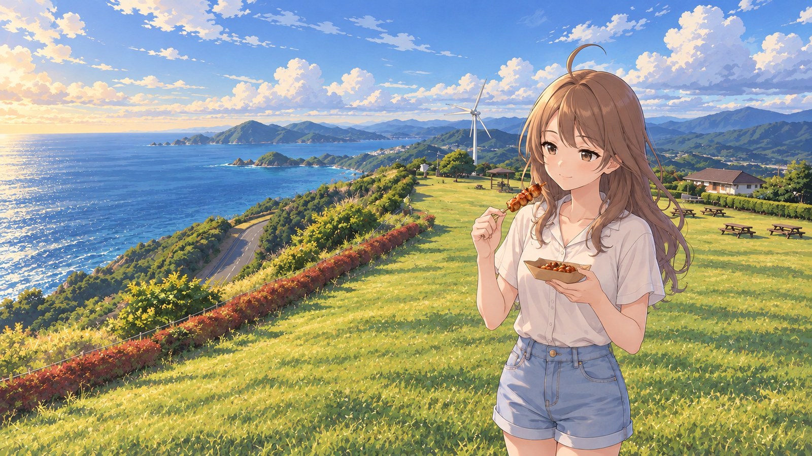 A summer evening in the grassland at Senjojiki. A woman in an ivory short-sleeved blouse and denim shorts holds grilled chicken skewers on a paper plate. Behind her are the Sea of Japan, an island in the distance, a table on the grassland, and wind turbines.