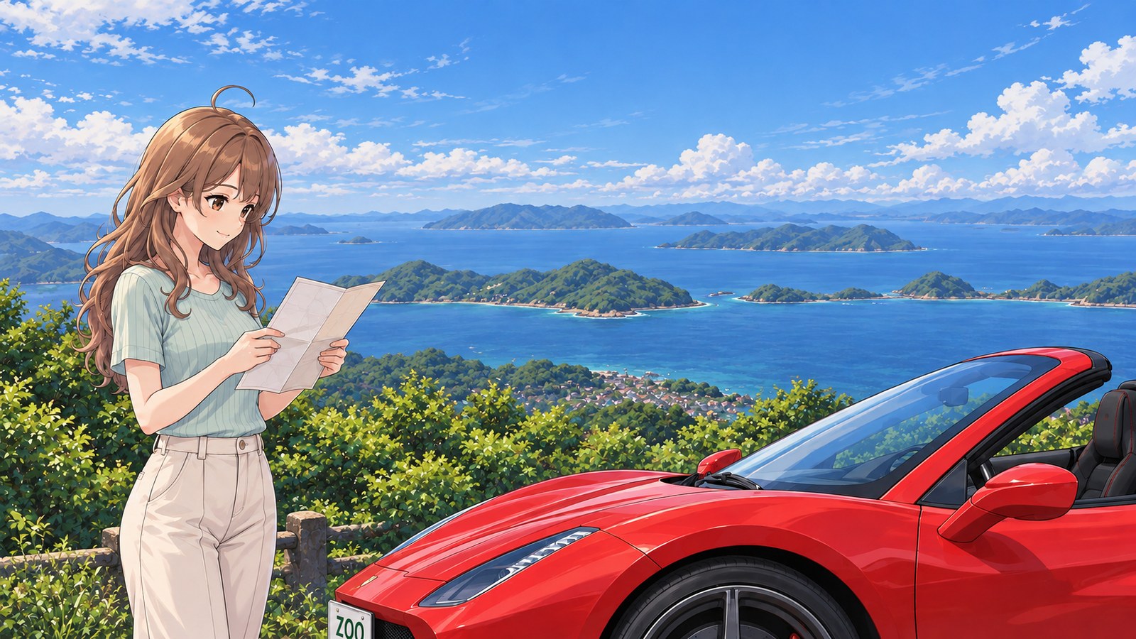 At the summit car park on Mount Oboshi in June, a woman in a mint short-sleeved knit top and cream trousers looks at a folded map beside her parked red convertible. Beyond the treetops, the Seto Inland Sea stretches out, with islands layered across the view.