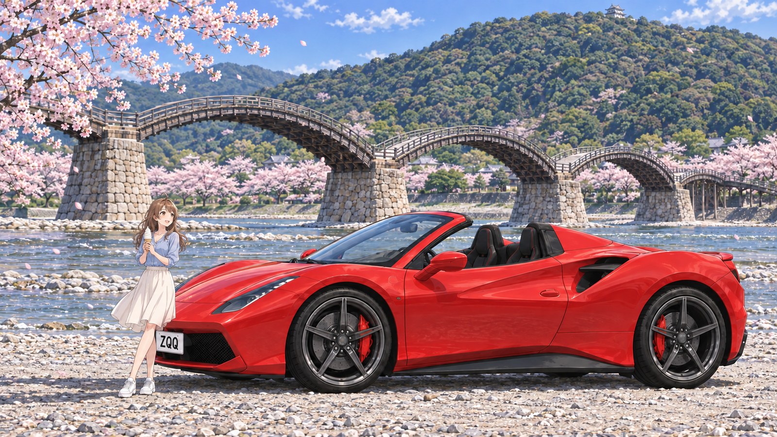 五連の木造アーチの錦帯橋と桜、山上の岩国城を背に、赤いオープンカーの横で白いソフトクリームを誇らしげに掲げる主人公