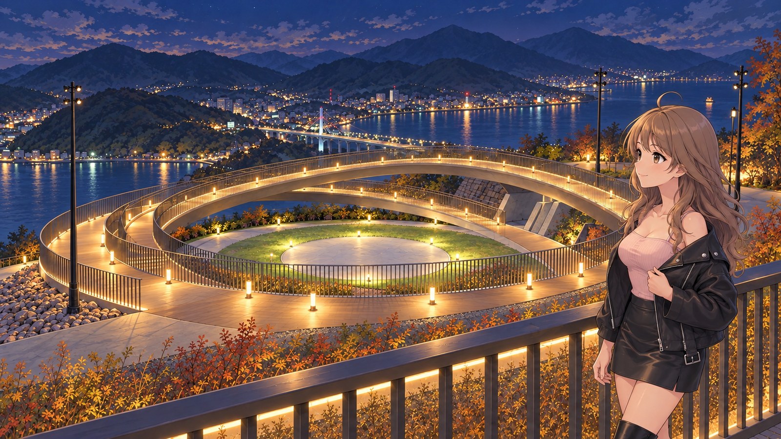A woman gazes at Hinoyama Ring at Hinoyama Park on an early-autumn night. She wears a pink tube top, black miniskirt and tights, with a black jacket draped over her shoulders. Lights outline the double ring and a circular paved area at its center, with the strait and city lights beyond.