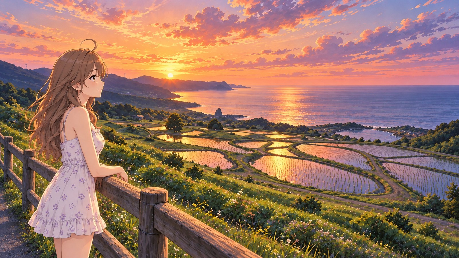 Just before sunset in late May, a woman in a small floral-print camisole dress rests her forearms on the wooden fence at the Higashi Ushirobata Rice Terraces and looks out to sea. Flooded terraces planted with young rice descend along the slope. Beyond them are a headland and the Sea of Japan, where the setting sun is reflected.