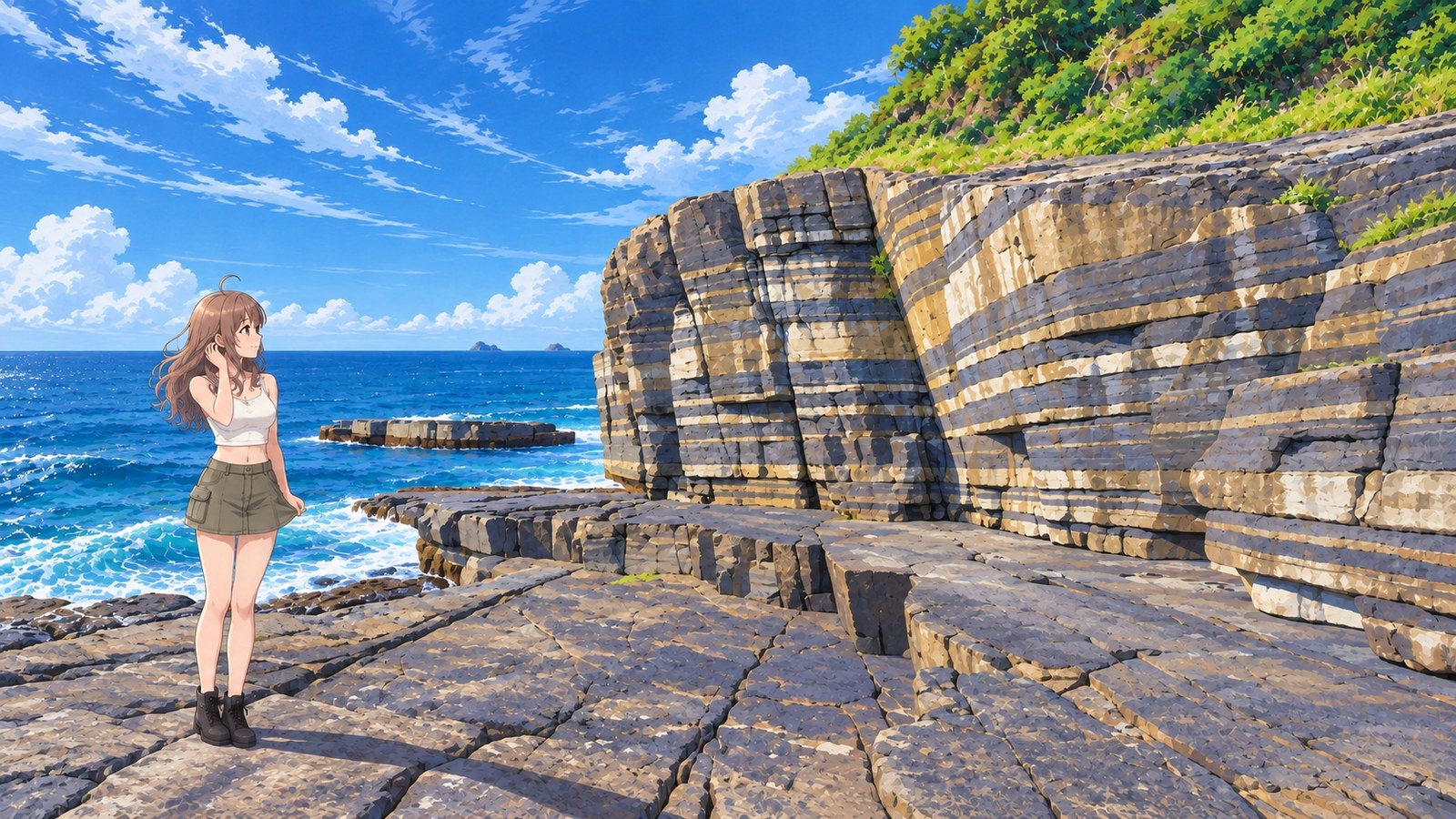 At the shore at Susa Hornfels in summer, a woman holds one hand to her hair and looks at the striped cliffs rising to her right. She wears a white top, khaki skirt, and black boots. The sea and horizon stretch away to her left.