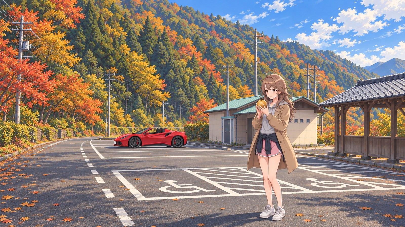 A woman stands in the car park at the entrance to Ryugu-buchi in Chomonkyo Gorge, surrounded by autumn-colored mountains. She holds a pear in both hands and looks at it. She wears a camel coat, a short gray sweatshirt, pink shorts and white sneakers. A red convertible is parked in a space behind her, with a gazebo on the right.