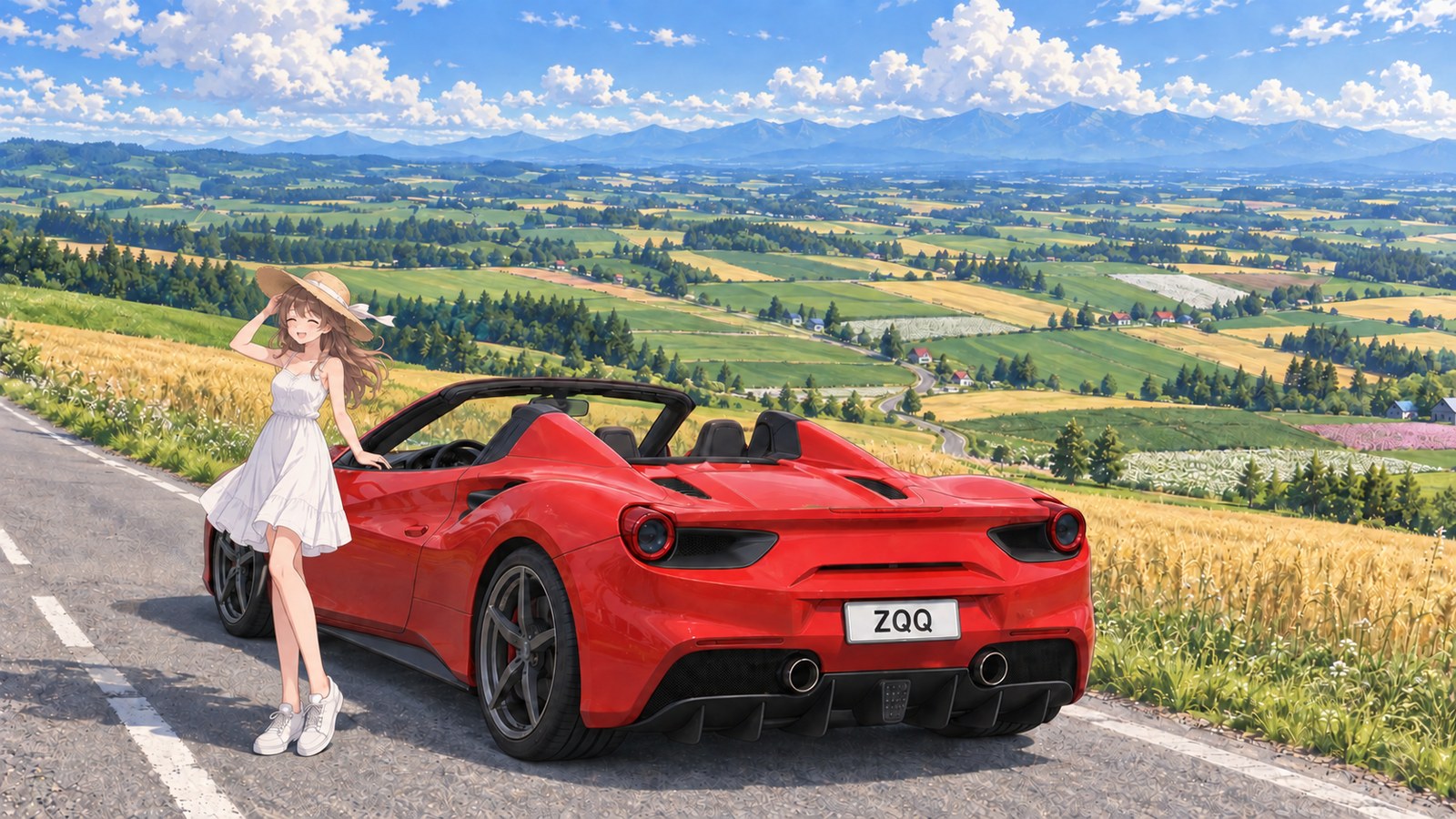 On Biei's hills, a woman stands beside a red convertible, smiling as she holds down a straw hat lifted by the wind. Bands of golden wheat and green fields stretch across the landscape.