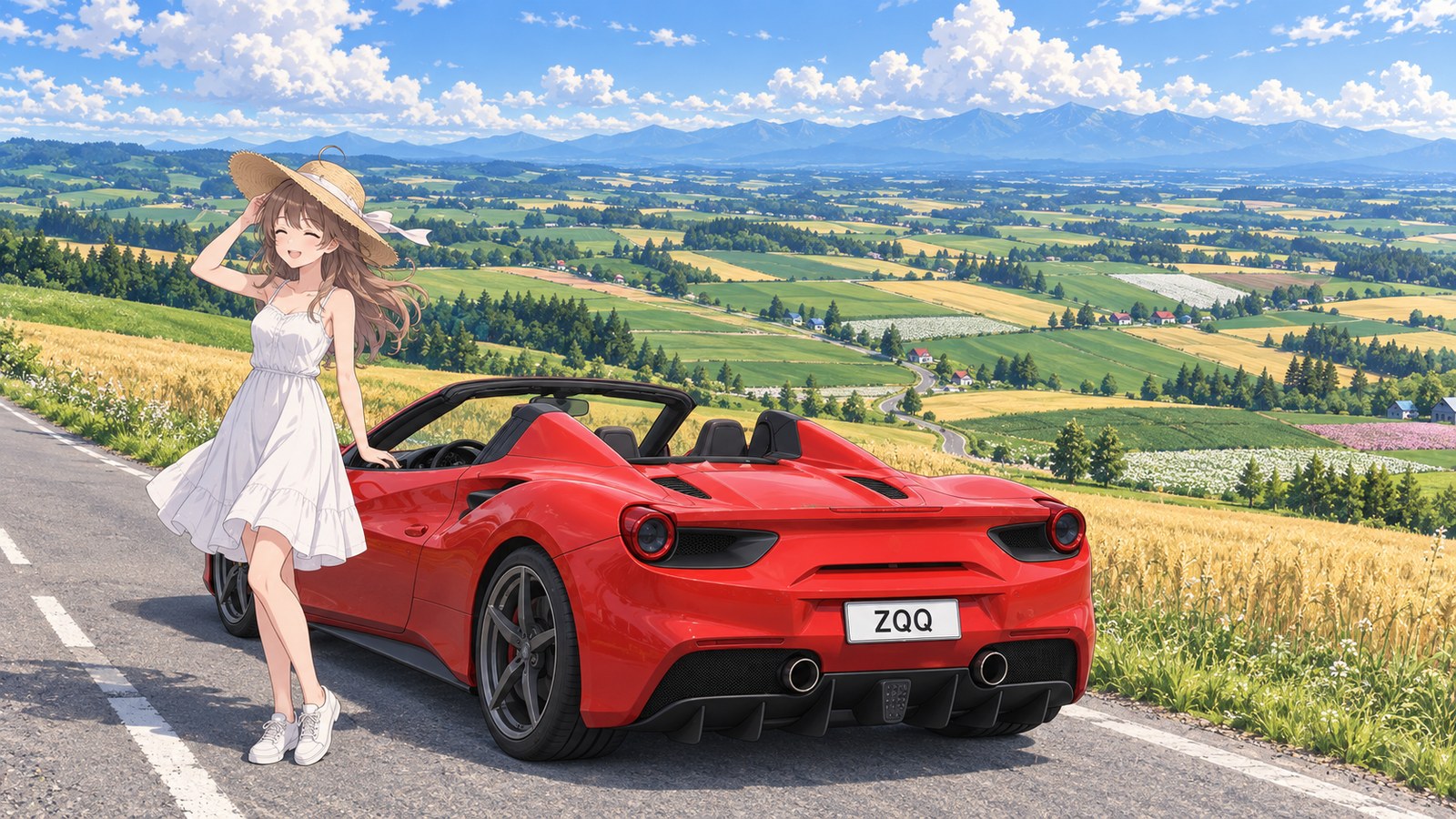 金色の麦や緑の畑が帯のように続く美瑛の丘で、赤いオープンカーの横に立ち、風にあおられた麦わら帽子を押さえて笑う主人公