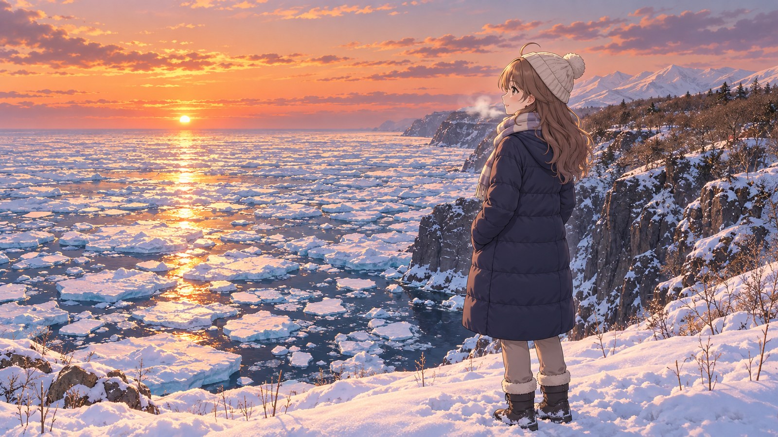見渡すかぎり流氷で白く埋まったオホーツク海と雪の断崖。夕日を眺めて白い息をはく、紺のダウンコートの主人公