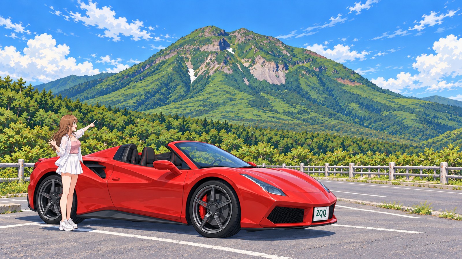 At the car park at Shiretoko Pass, a woman points in surprise at Mount Rausu, still capped with snow, beside a red convertible with its roof down.