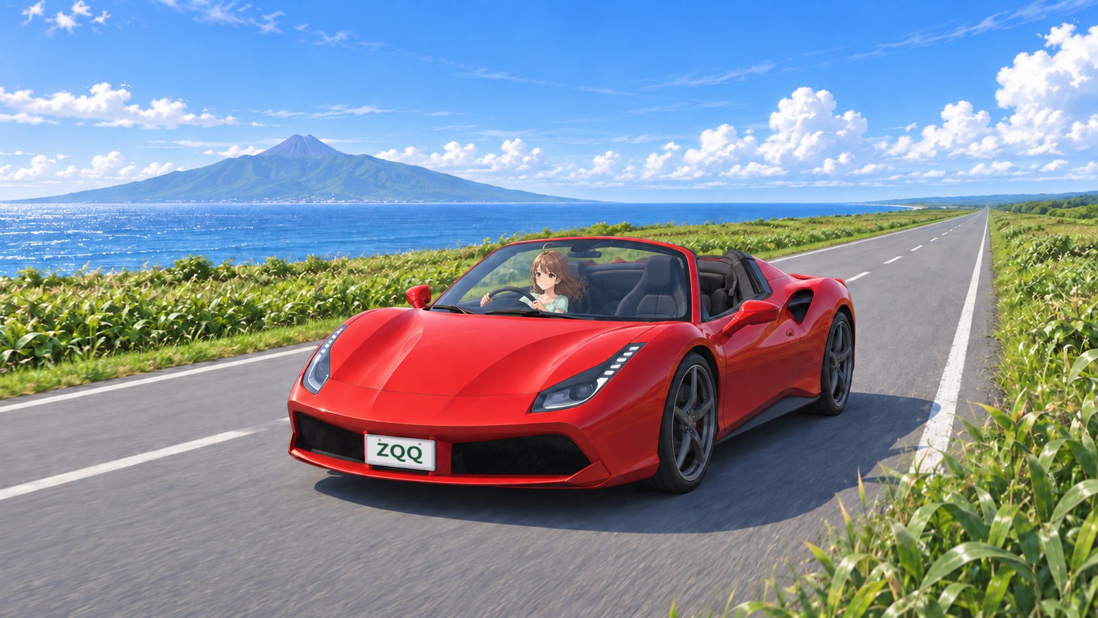 A woman drives a red convertible along a straight road through grassland, with Mount Rishiri directly ahead.