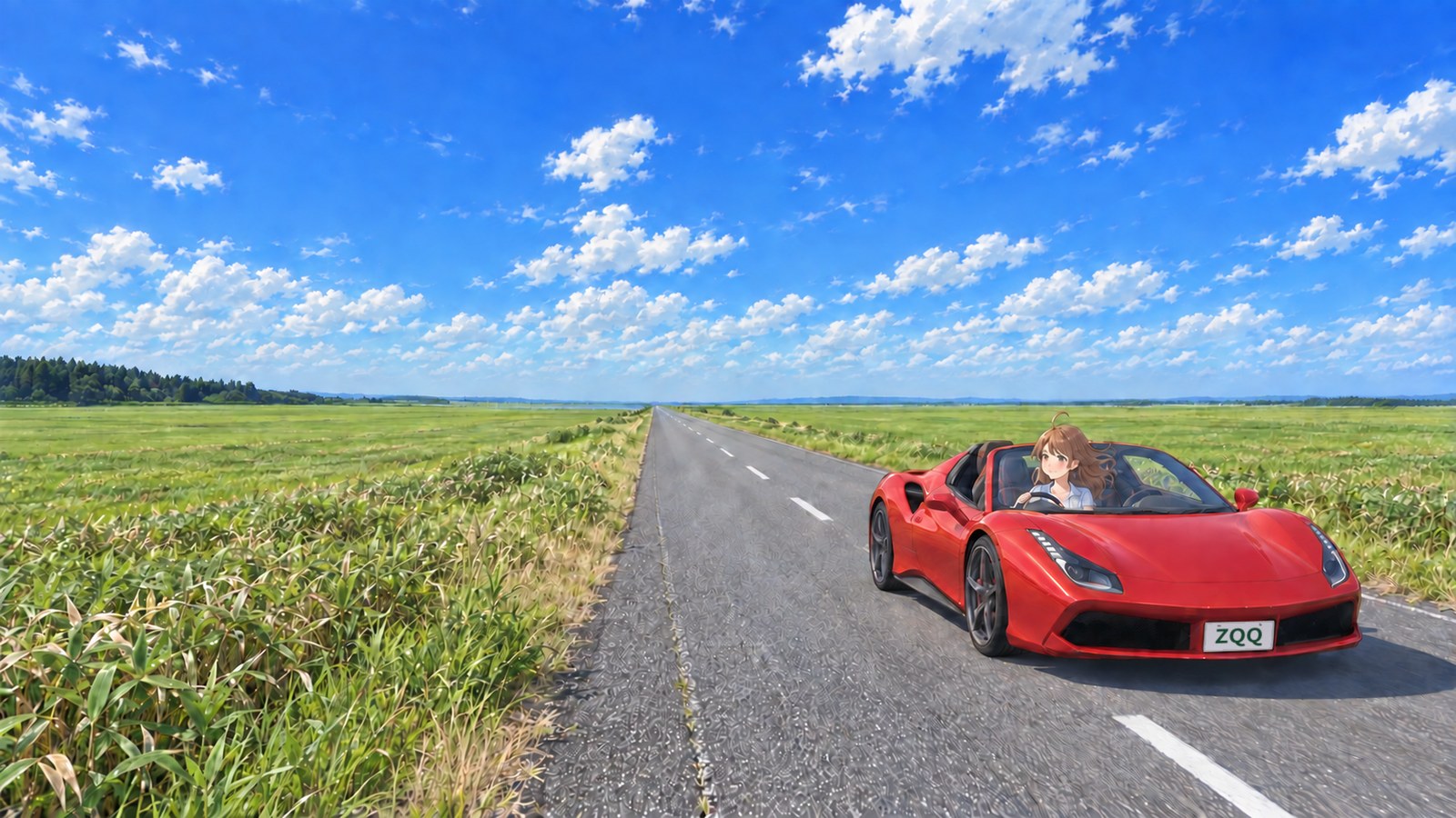 On the Esanuka Line in summer, a woman in a pale blue short-sleeved shirt drives a red convertible