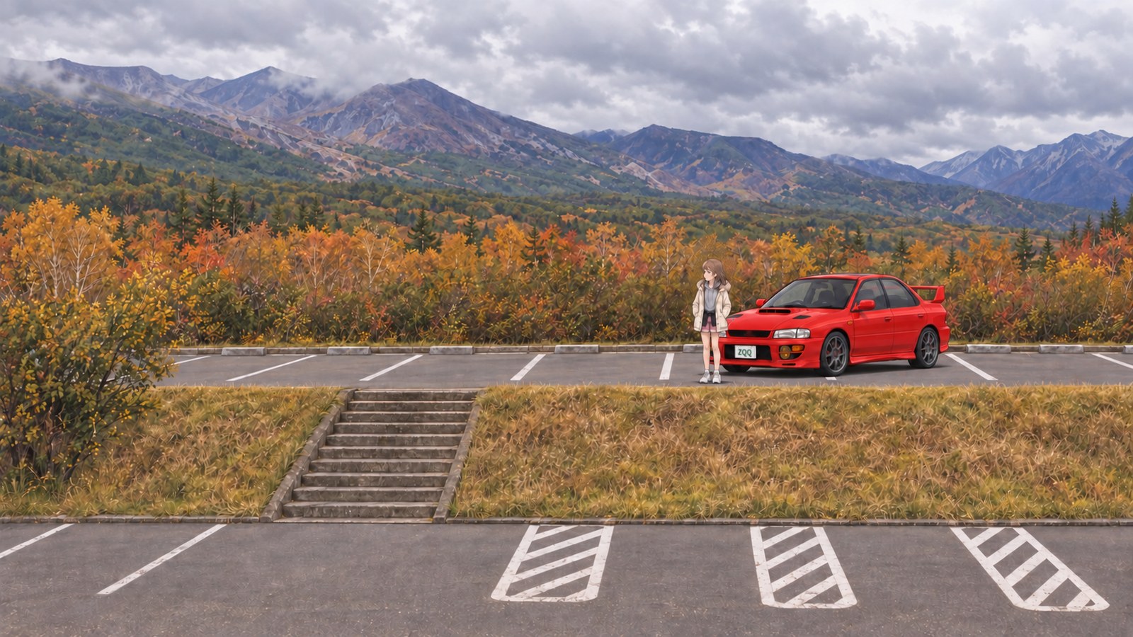On an overcast autumn day in the Tokachidake Bōgakudai car park, the narrator stands beside a red four-wheel-drive sedan parked in a standard space on the upper level. Her hands are tucked into her jacket pockets; steps, a grassy area, autumn foliage and mountain ridges surround her.