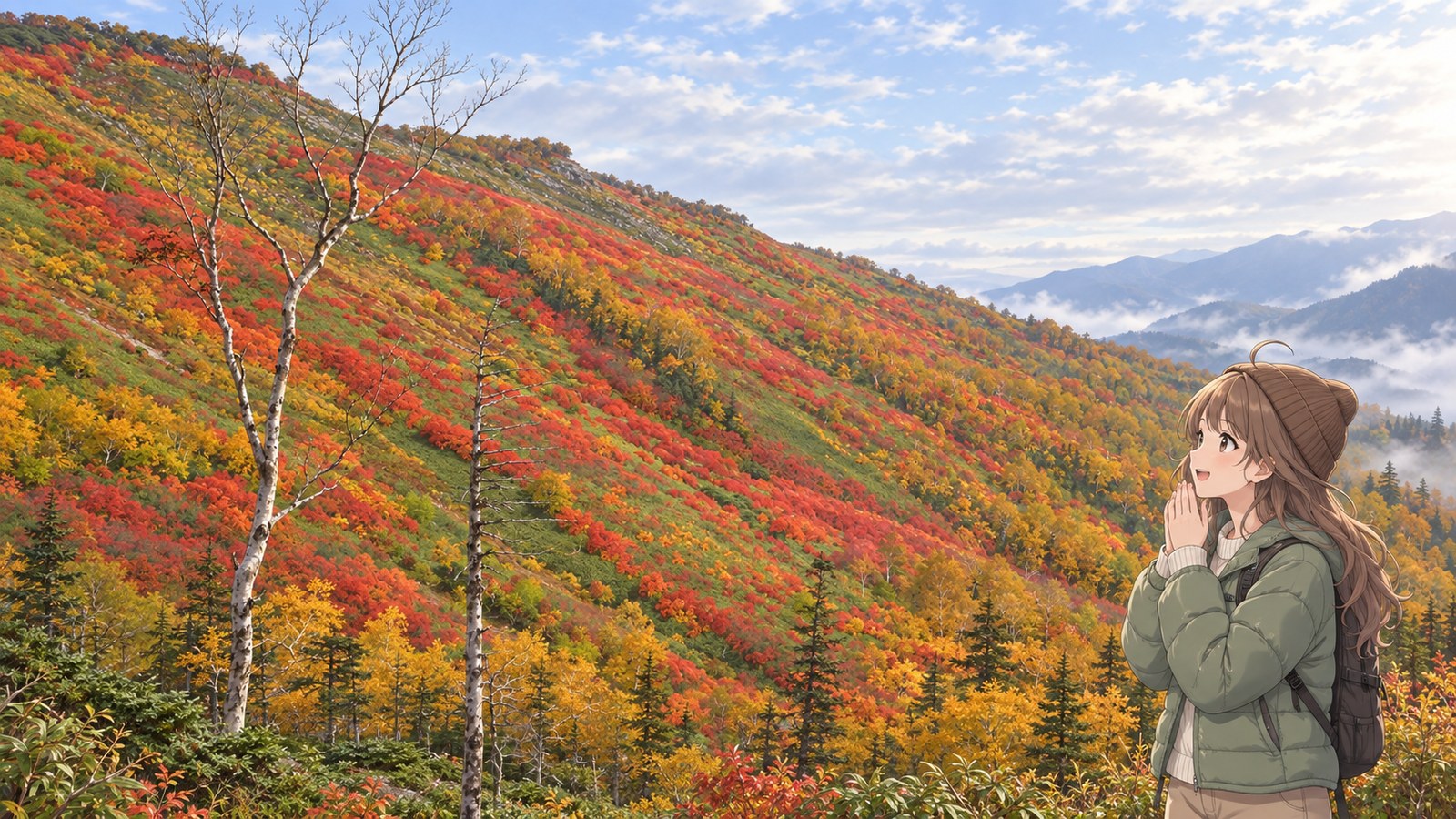 A woman in a green down jacket and brown knitted hat holds her hands near her mouth as she looks at Ginsendai’s autumn-coloured slopes