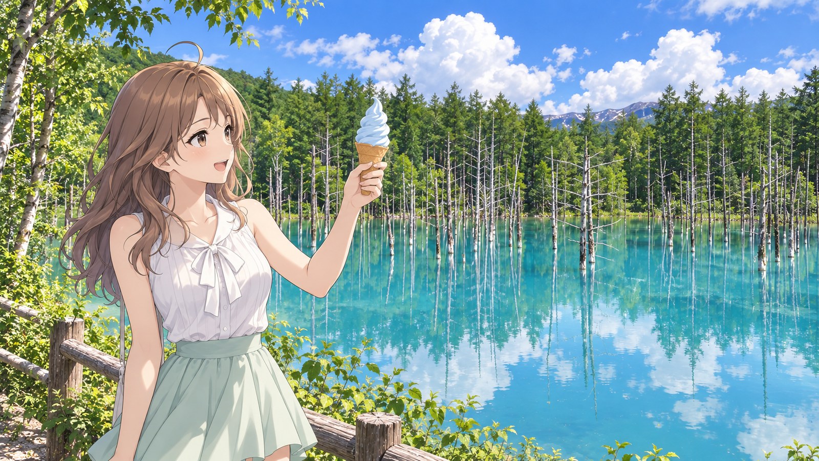 立ち枯れのカラマツが並ぶ青い池の前で、水色のソフトクリームを池にかざして色を見比べ、得意げに笑う主人公