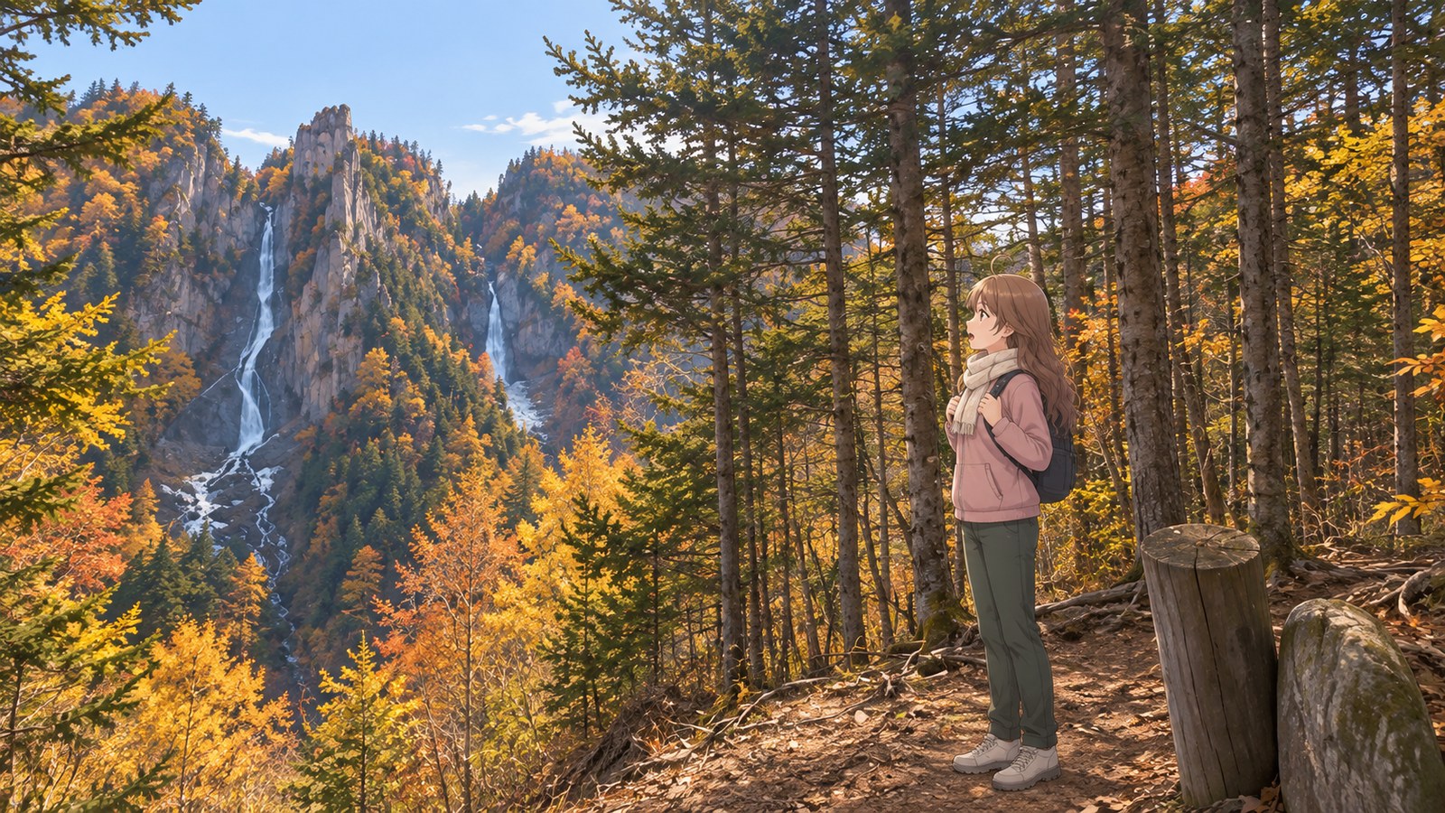 At Sobakudai in autumn Sounkyo, a woman in a pink fleece and white scarf holds her backpack straps and looks through the trees at 2 waterfalls