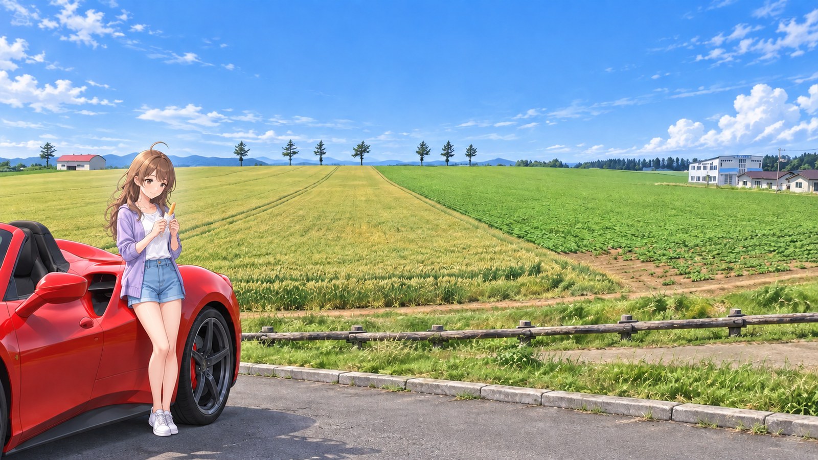 At Märchen Hill in summer, a woman in a pale purple cardigan and denim shorts holds a cheese stick beside her parked red car