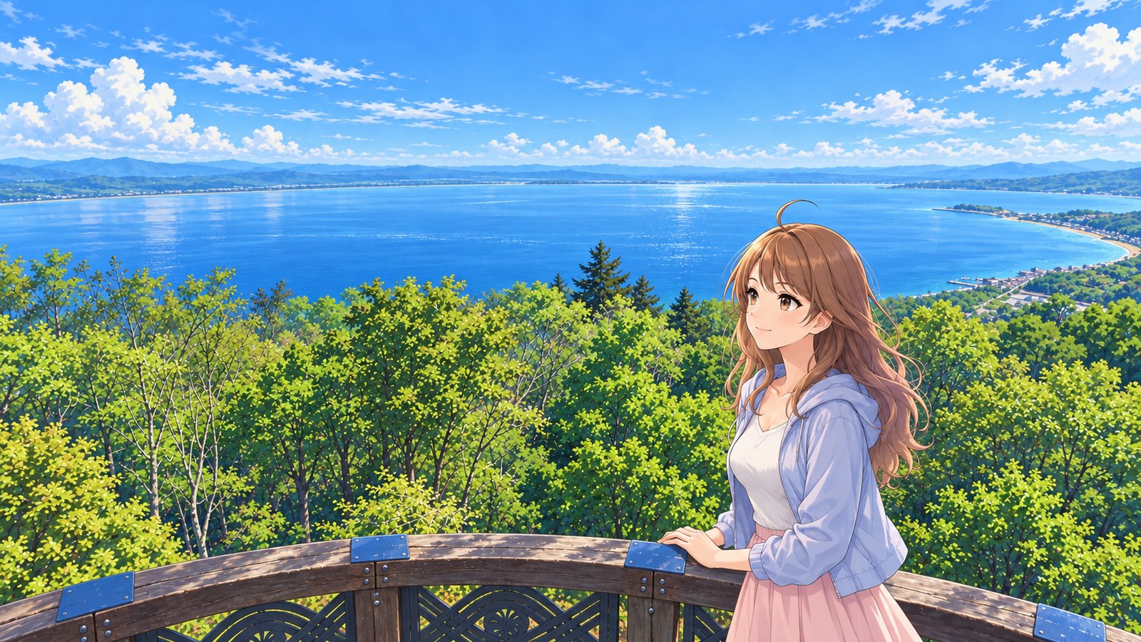 At Lake Saroma Lookout in summer, a woman in a pale blue jacket and pink skirt rests both hands on the wooden railing and looks at the lake and distant sandbar