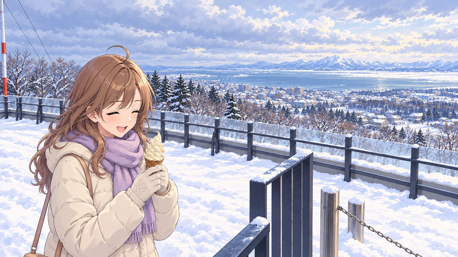 A woman in a cream puffer jacket and pale purple scarf smiles as she holds drift ice soft serve at the Mount Tento Observatory in winter, with snowy Abashiri and the sea in the distance