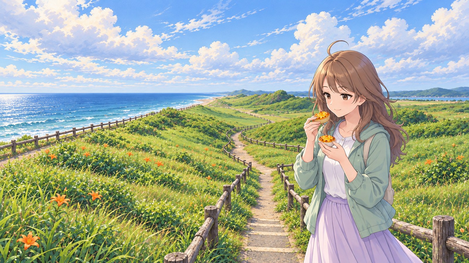 On an early-summer path at Koshimizu Primeval Flower Garden, a woman wearing a mint jacket and a pale-purple skirt holds a small potato tart in both hands