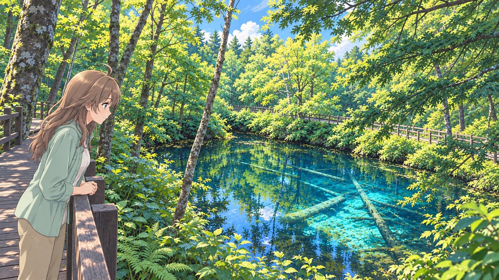 On the boardwalk at Kaminoko Pond in summer, a woman in a mint long-sleeved shirt and beige trousers looks from inside the railing at the blue pond and submerged trees