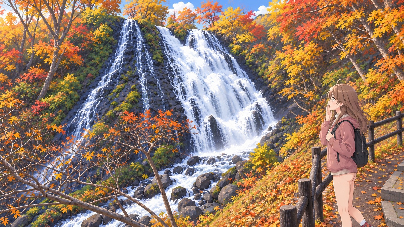The twin cascades of Oshinkoshin Falls framed by autumn foliage. On the path to the right, the narrator gazes up with one hand near her cheek, wearing a dusty pink jacket.