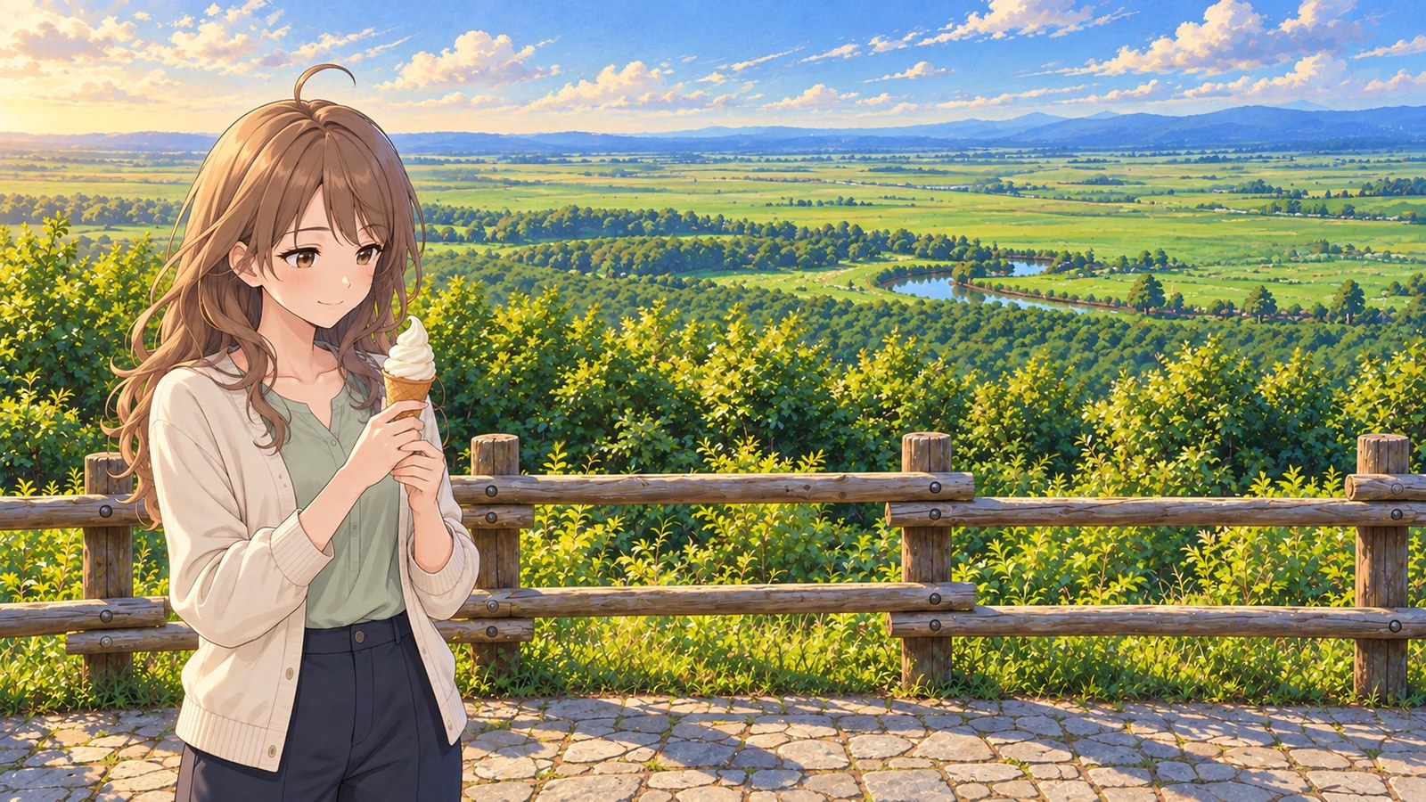At Hosooka Observatory on a summer evening, a woman in a cream cardigan holds a soft-serve cone. Beyond the log railing, the Kushiro Marsh stretches into the distance, its river winding through it.