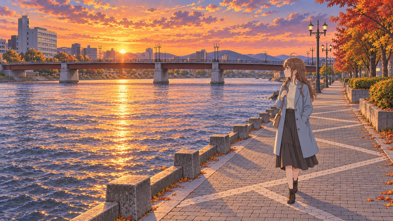 The autumn sunset reflects on the Kushiro River, with Nusamai Bridge in the background. On the paved path to the right, a woman in a pale blue coat and dark skirt looks out at the river.