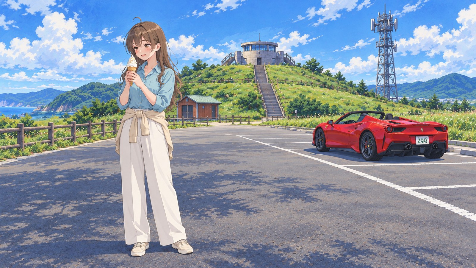 At the Kaiyodai car park in summer, a woman in a pale blue-green blouse and white trousers holds honey soft serve, with the circular hilltop observatory and steps behind her. A red car is parked in a bay farther back.