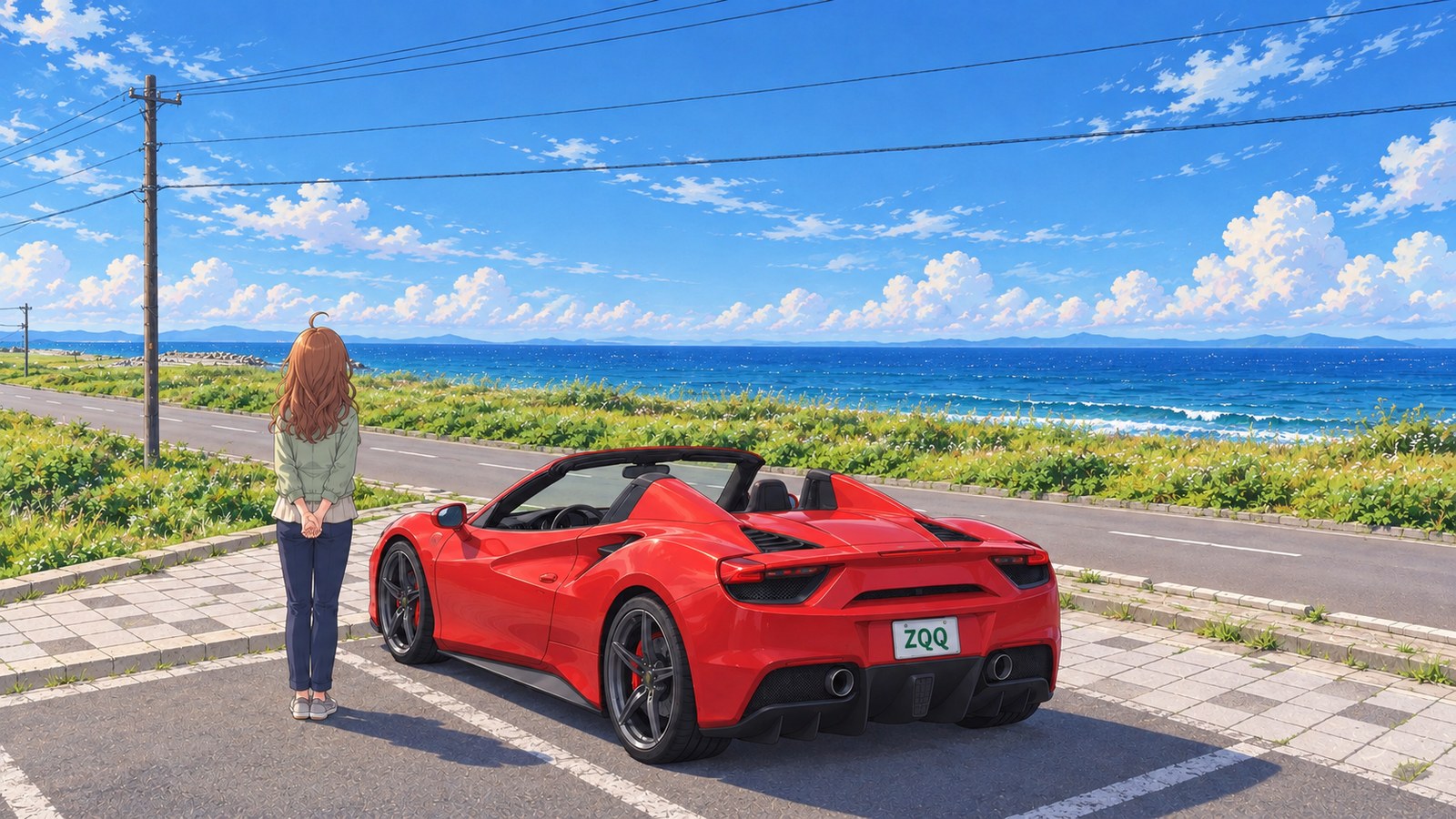 A parking area on Notsuke Peninsula in early summer. The heroine stands straight with her back to us beside a red car, facing the sea. She wears a light green jacket and navy trousers, with her hands clasped loosely behind her back.